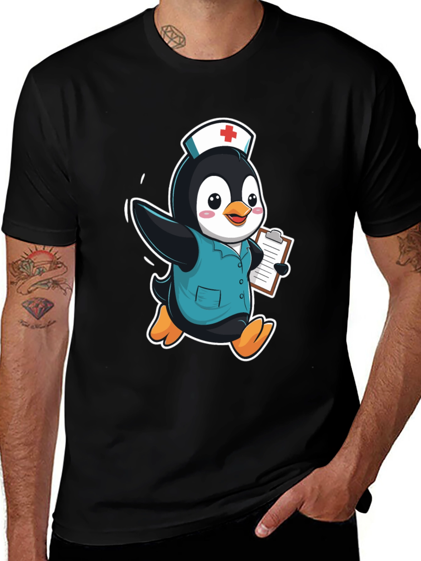 Nurse Penguin Graphic Tee - Black Cotton T-Shirt