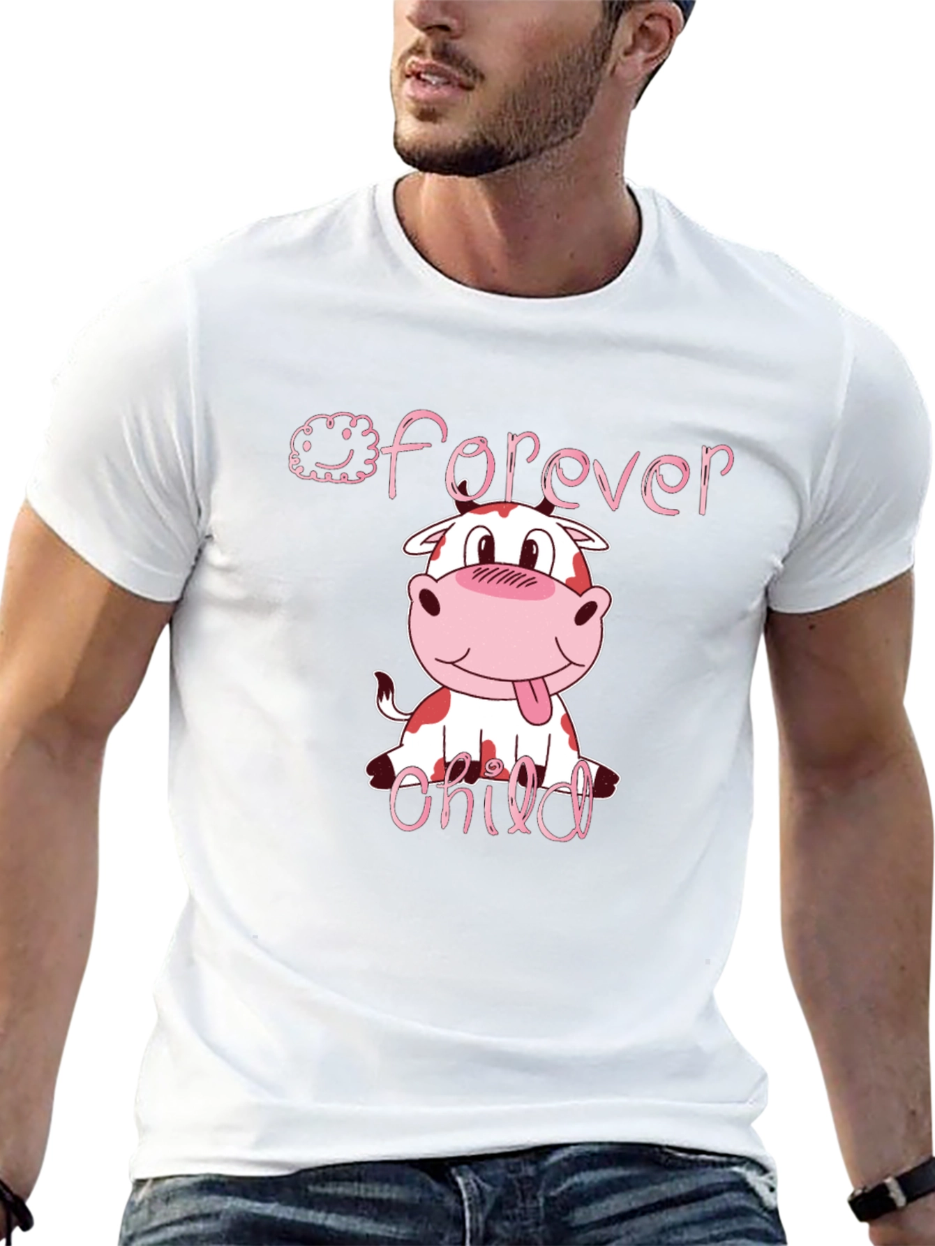Forever Child Cartoon Cow Graphic Black T-Shirt