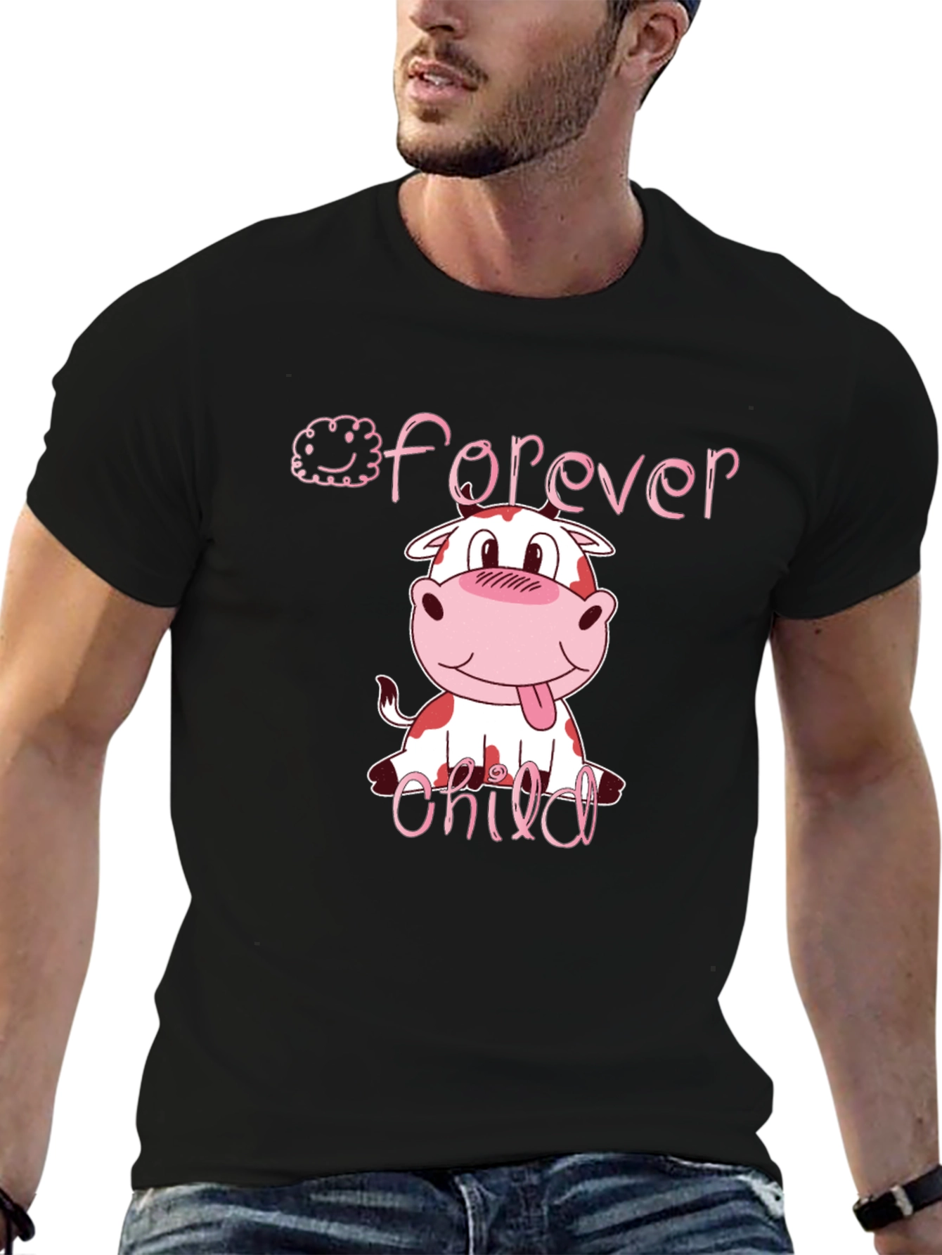 Forever Child Cartoon Cow Graphic Black T-Shirt