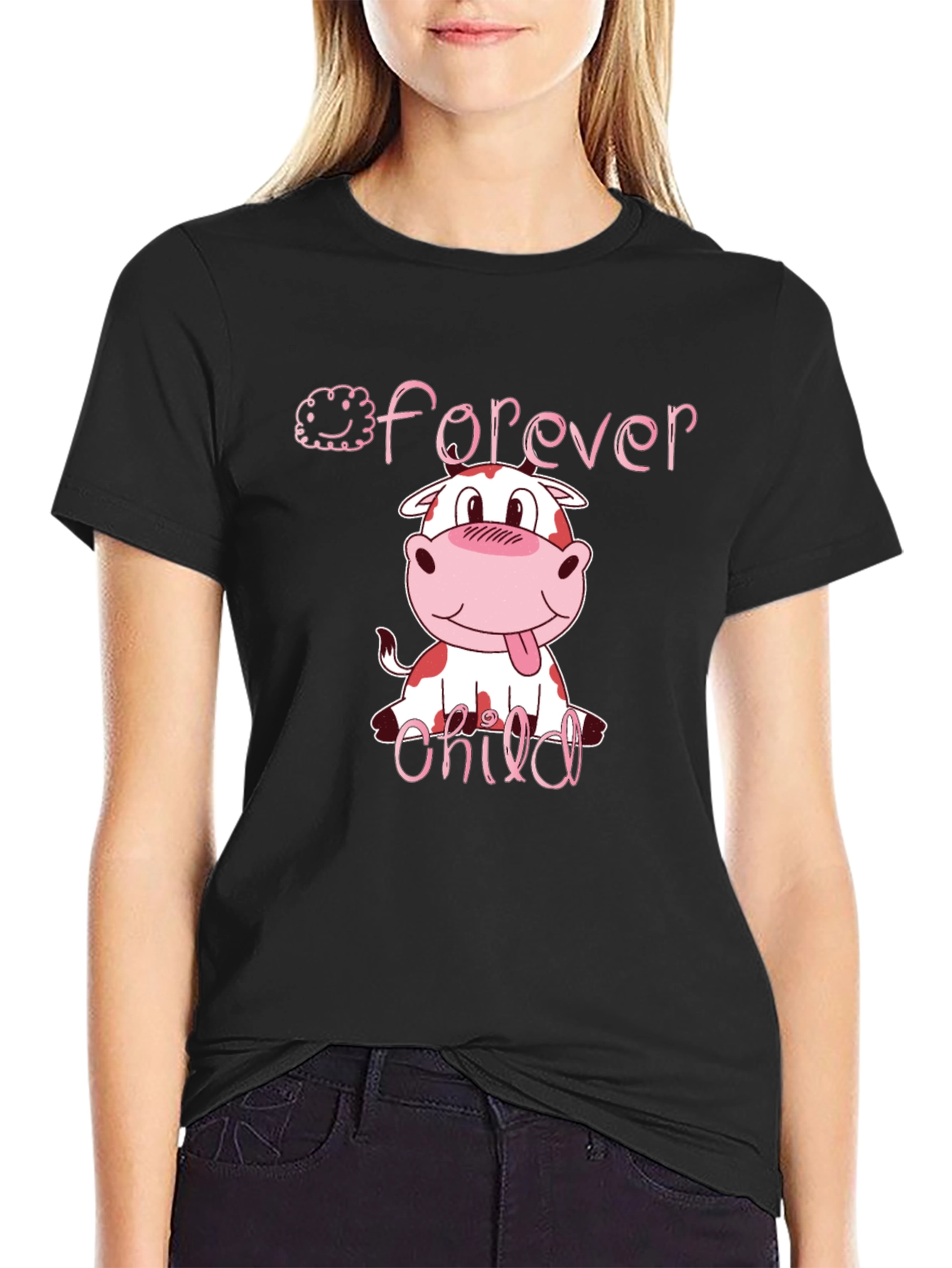 Forever Child Cartoon Cow Graphic Black T-Shirt