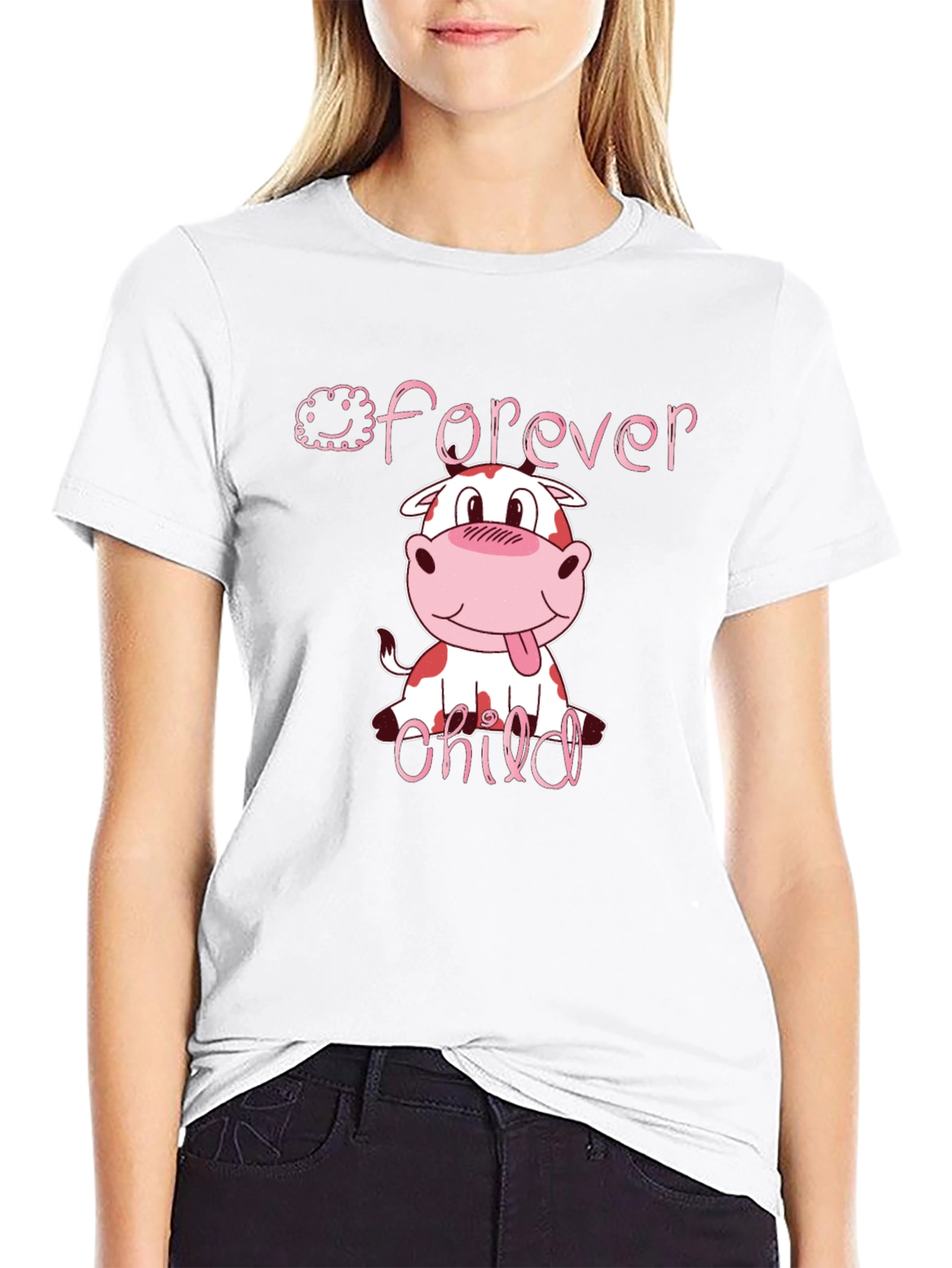 Forever Child Cartoon Cow Graphic Black T-Shirt