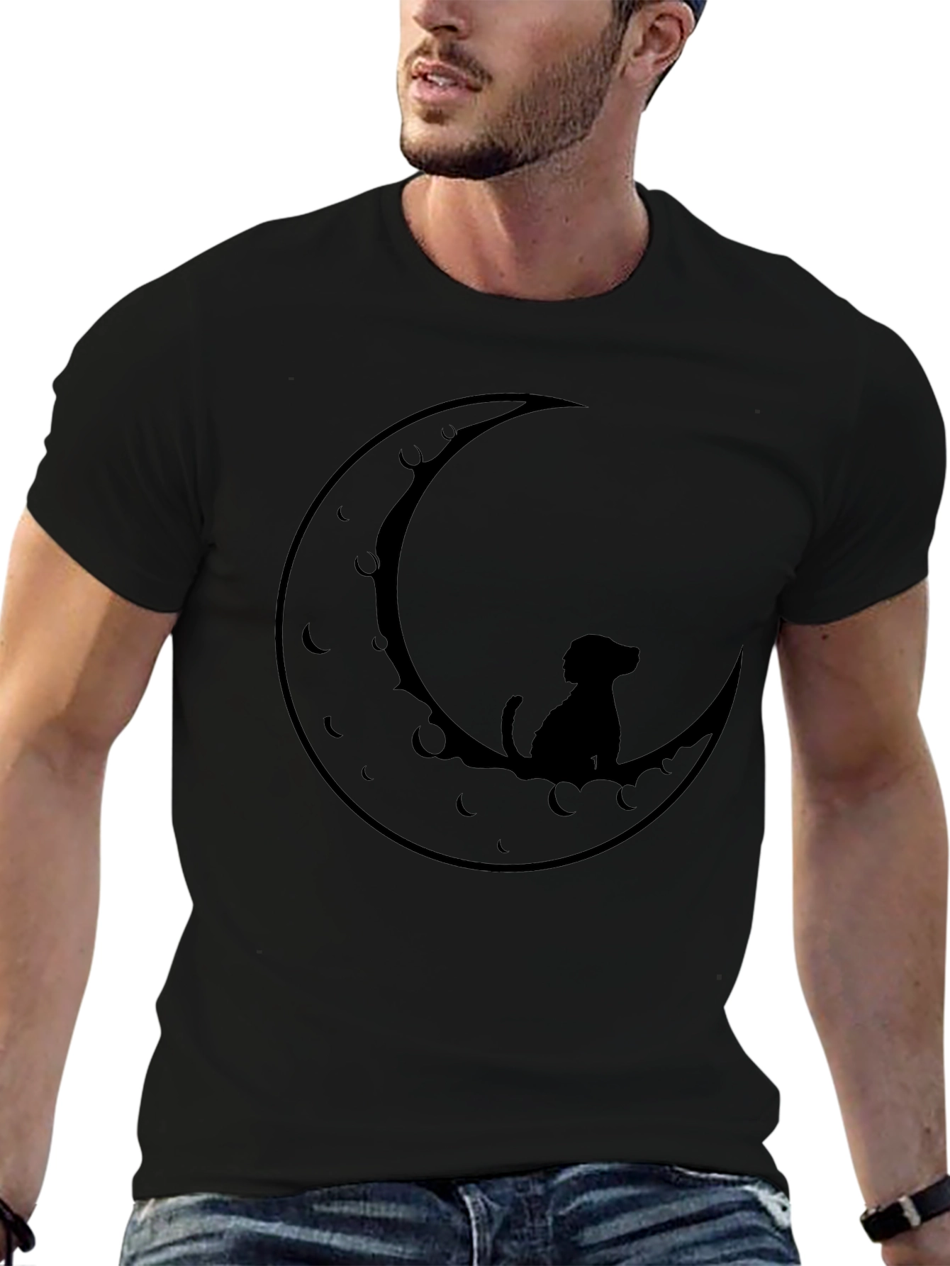 Dog on Moon Black T-Shirt - Unique Design