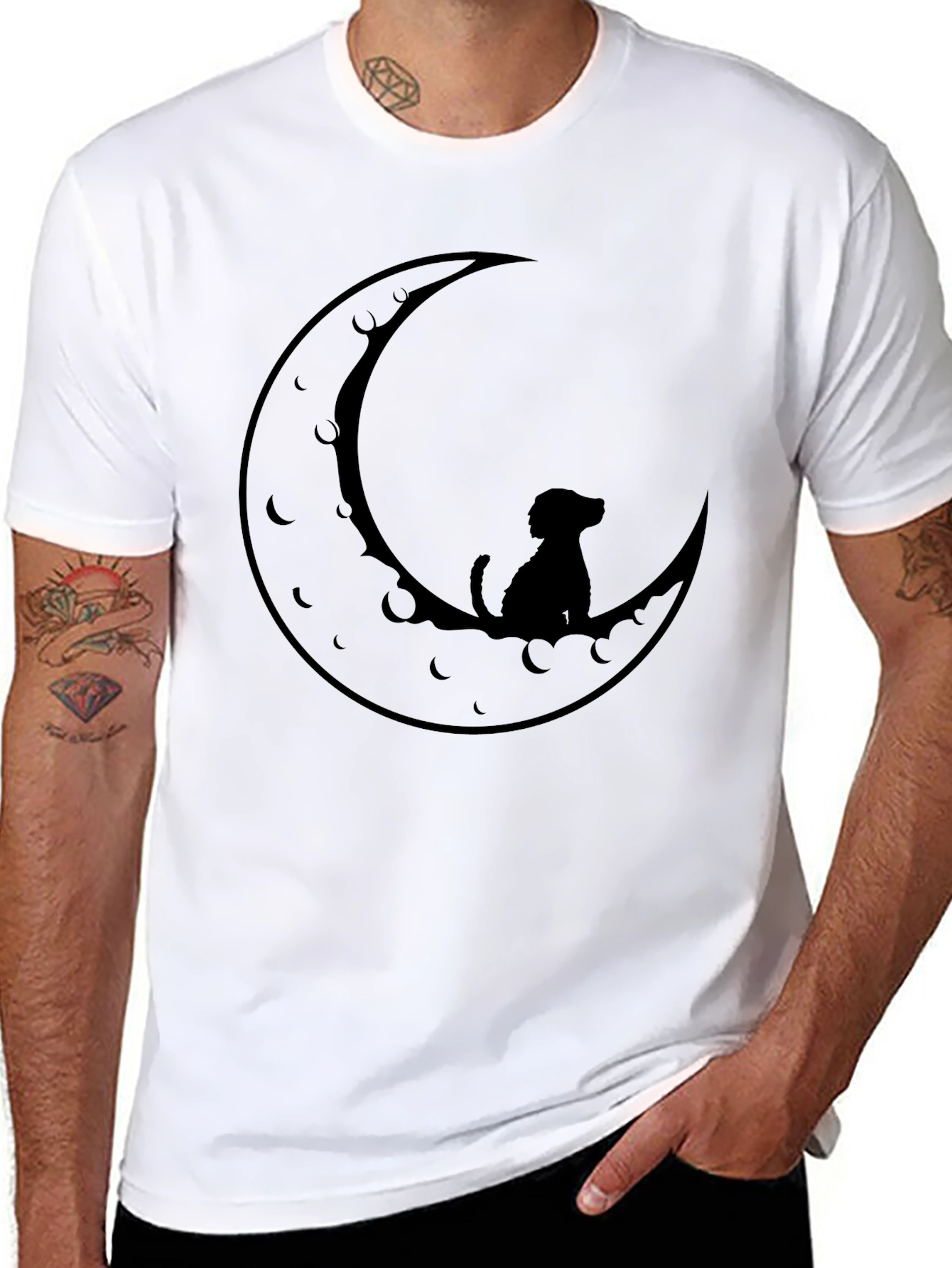 Dog on Moon Black T-Shirt - Unique Design