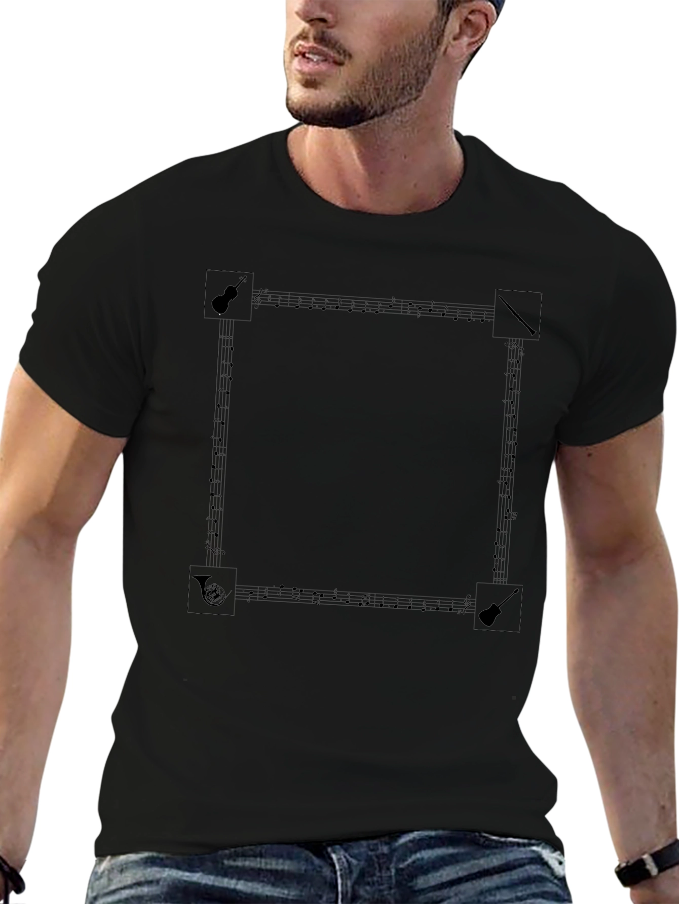 Musical Notes Graphic Tee - Black Cotton T-Shirt