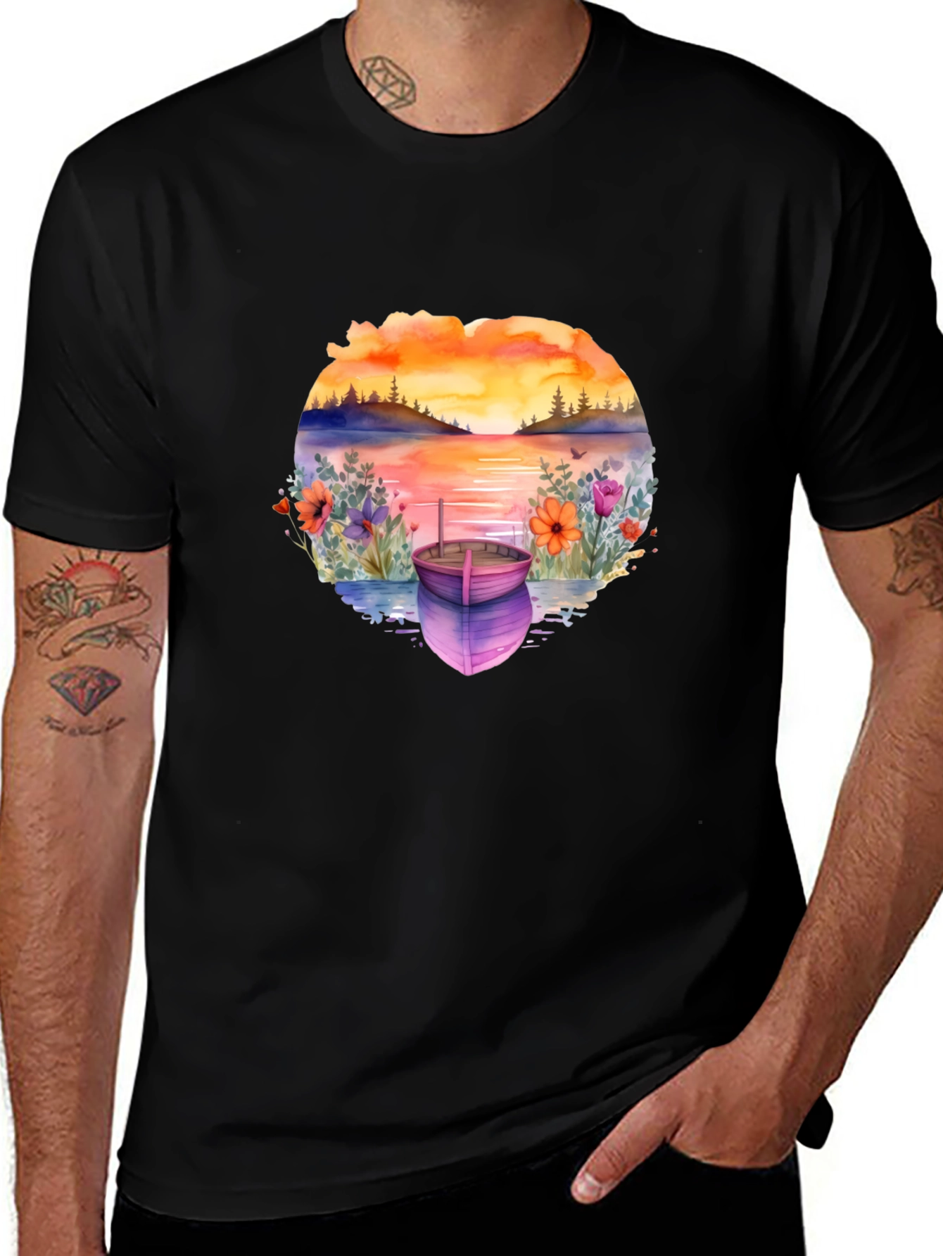 Sunset Lake Boat Graphic Tee - Stylish Relaxed Fit