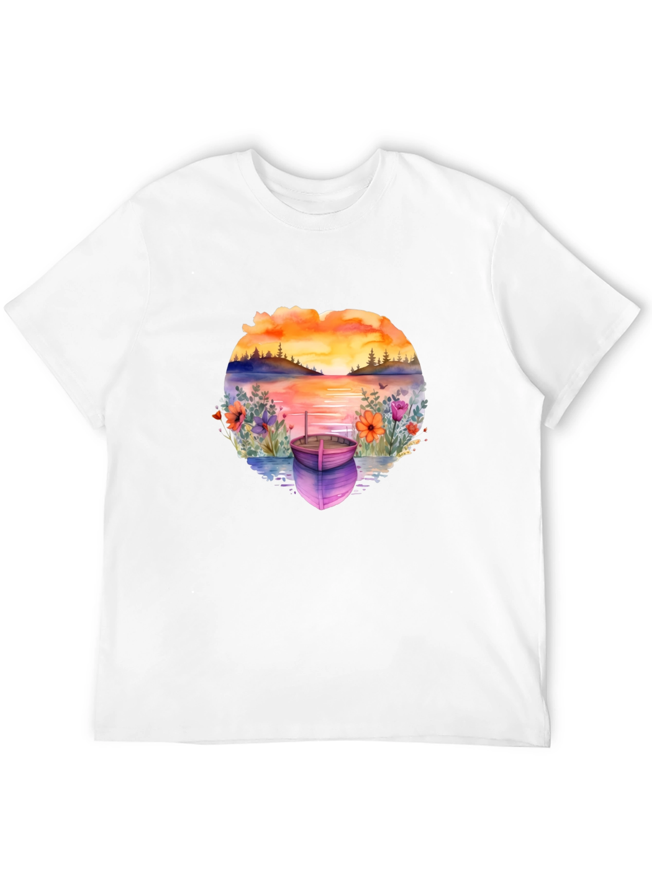 Sunset Lake Boat Graphic Tee - Stylish Relaxed Fit