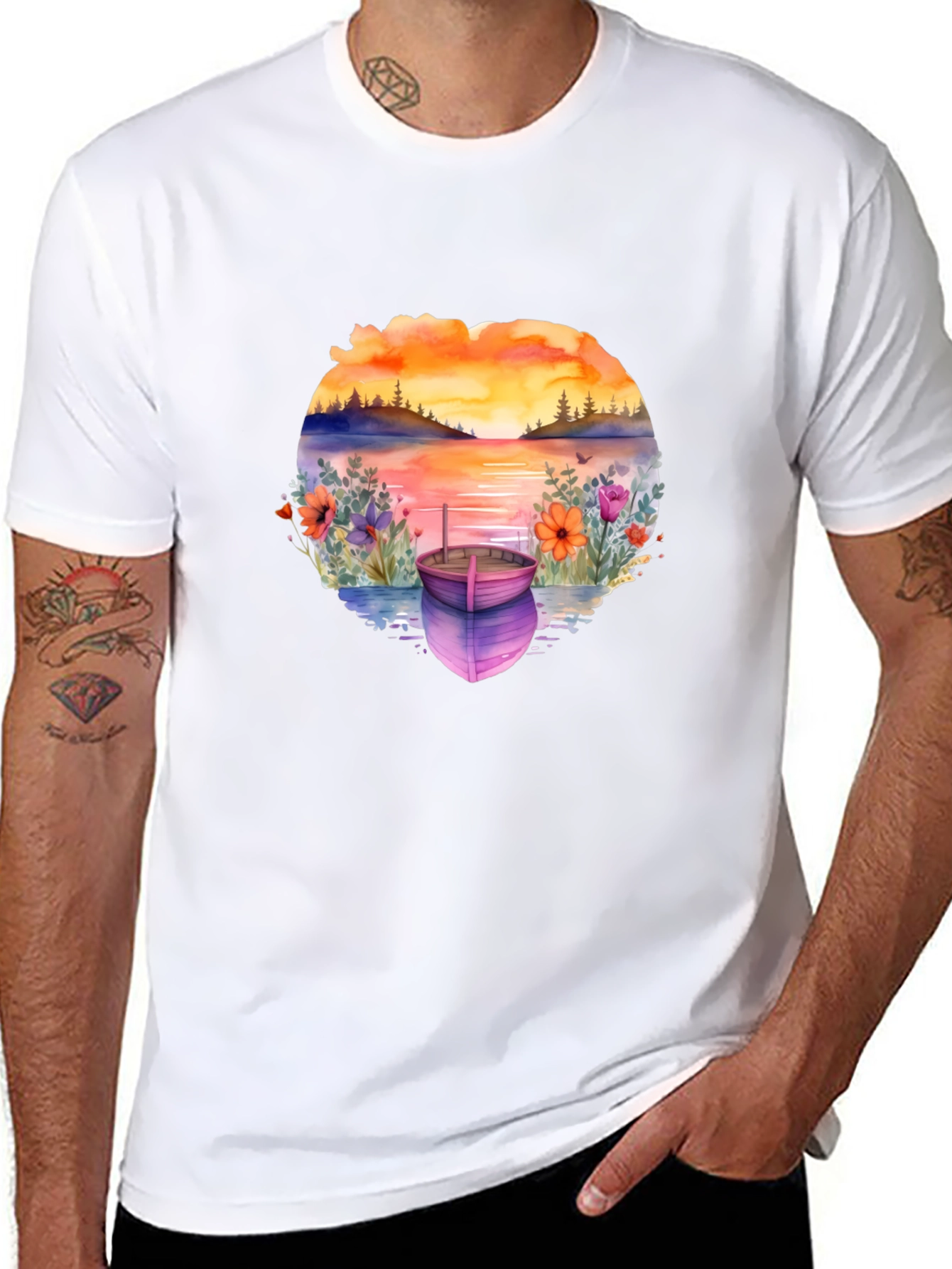 Sunset Lake Boat Graphic Tee - Stylish Relaxed Fit