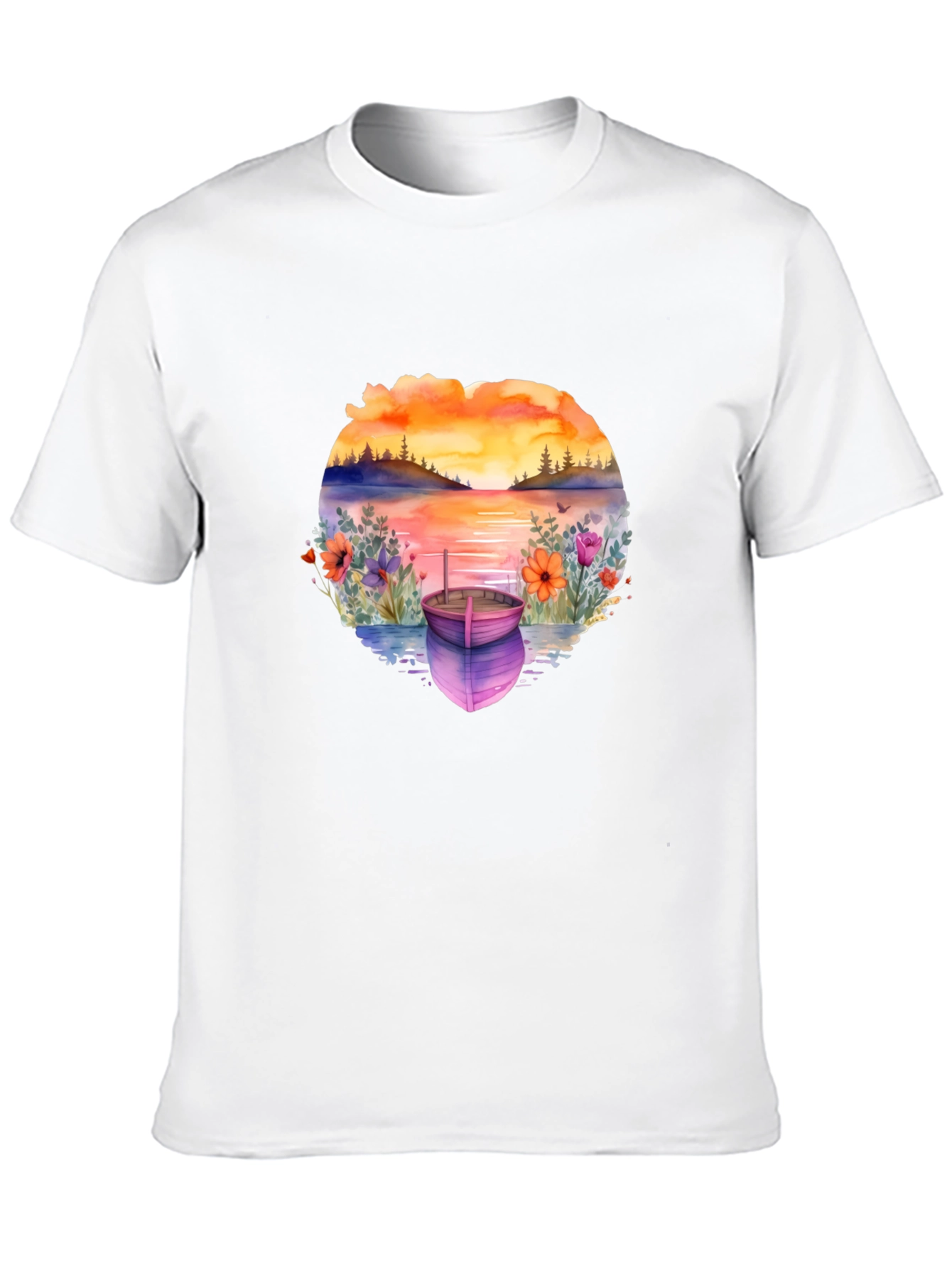 Sunset Lake Boat Graphic Tee - Stylish Relaxed Fit
