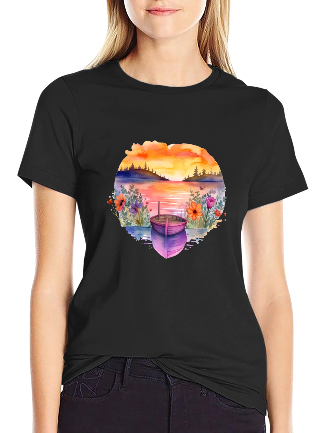 Sunset Lake Boat Graphic Tee - Stylish Relaxed Fit