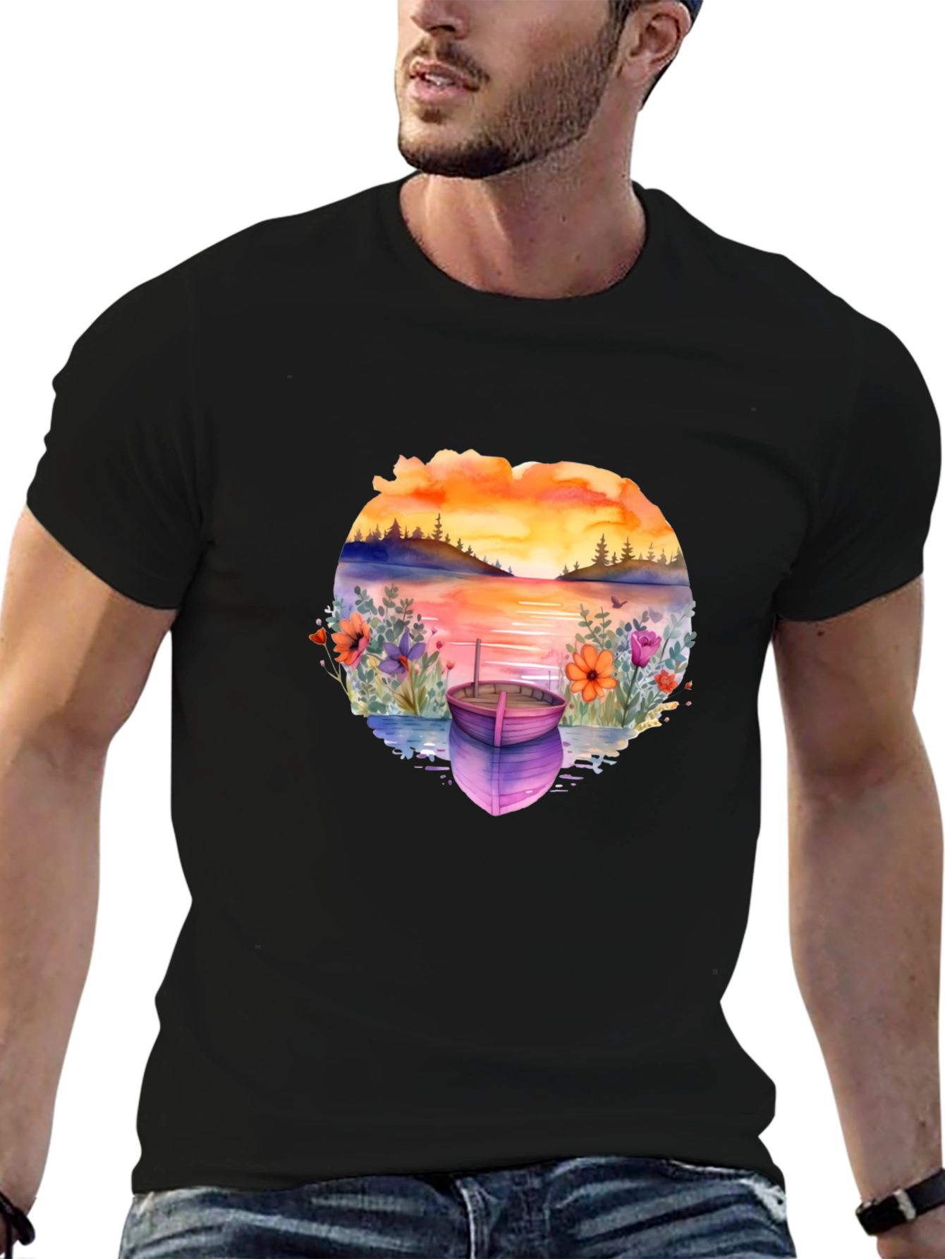 Sunset Lake Boat Graphic Tee - Stylish Relaxed Fit