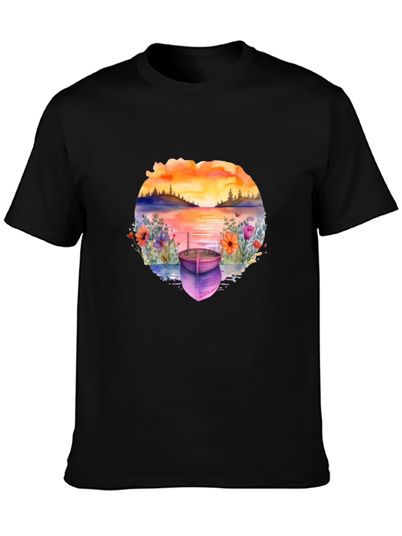 Sunset Lake Boat Graphic Tee - Stylish Relaxed Fit