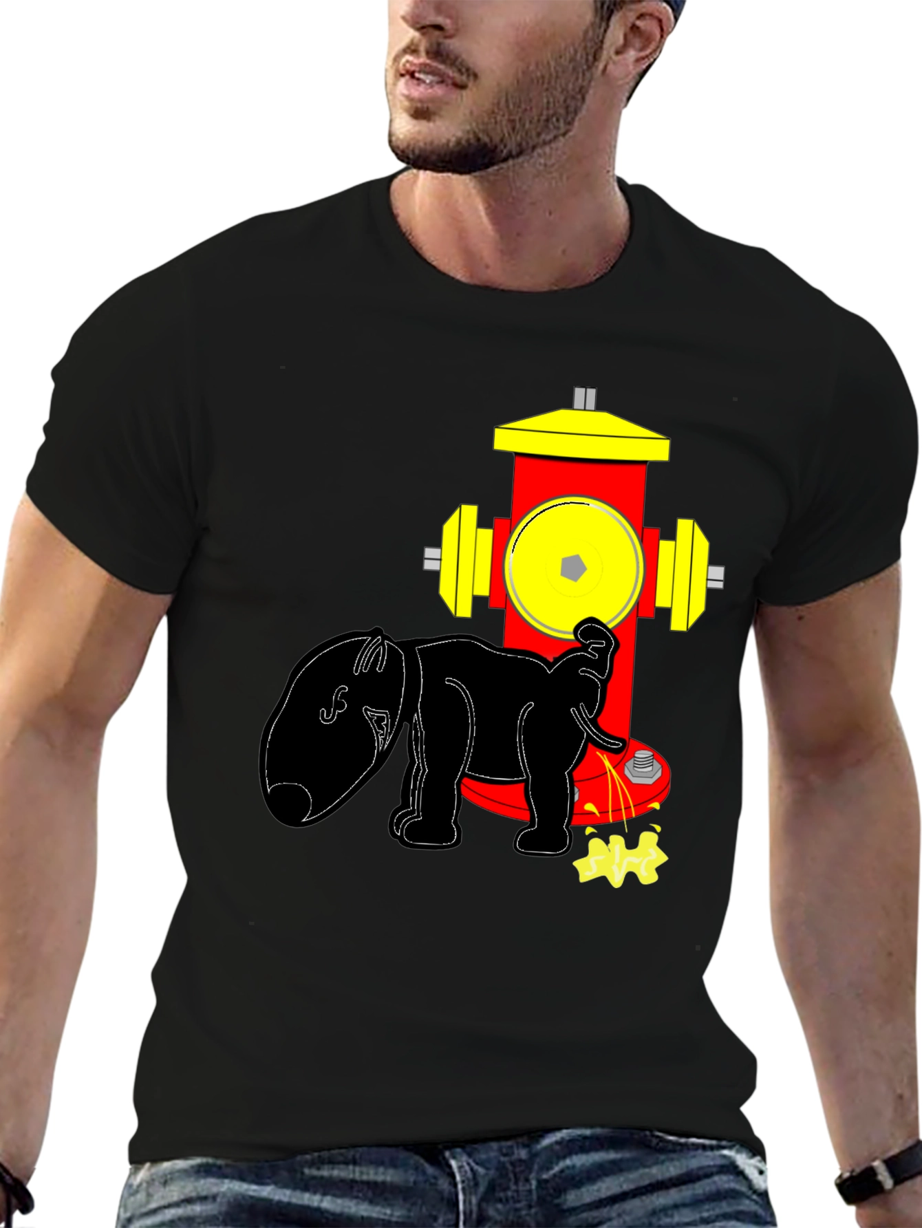 Funny Elephant Peeing on Fire Hydrant Black T-Shirt