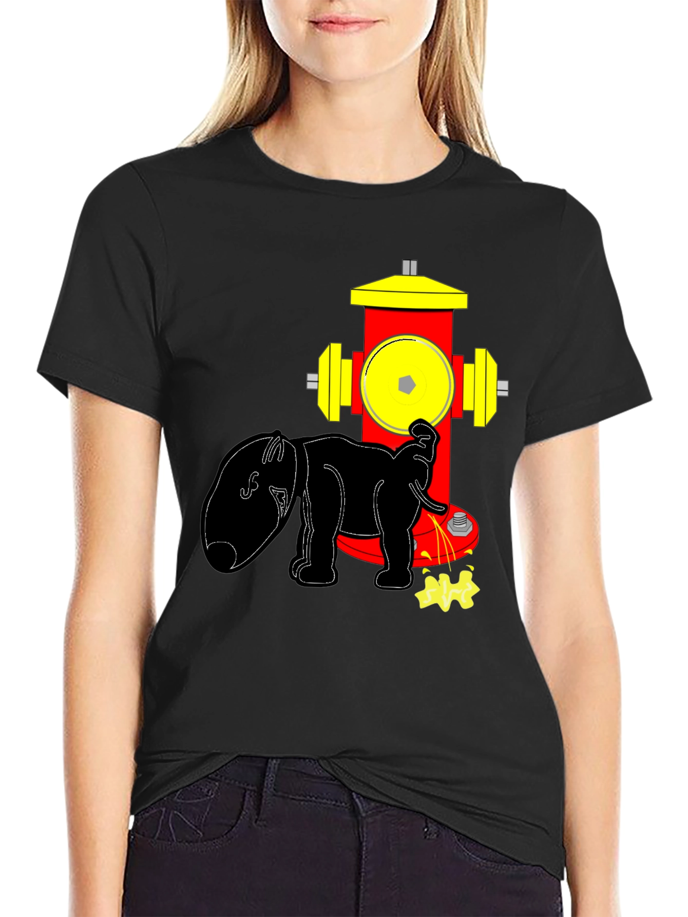 Funny Elephant Peeing on Fire Hydrant Black T-Shirt