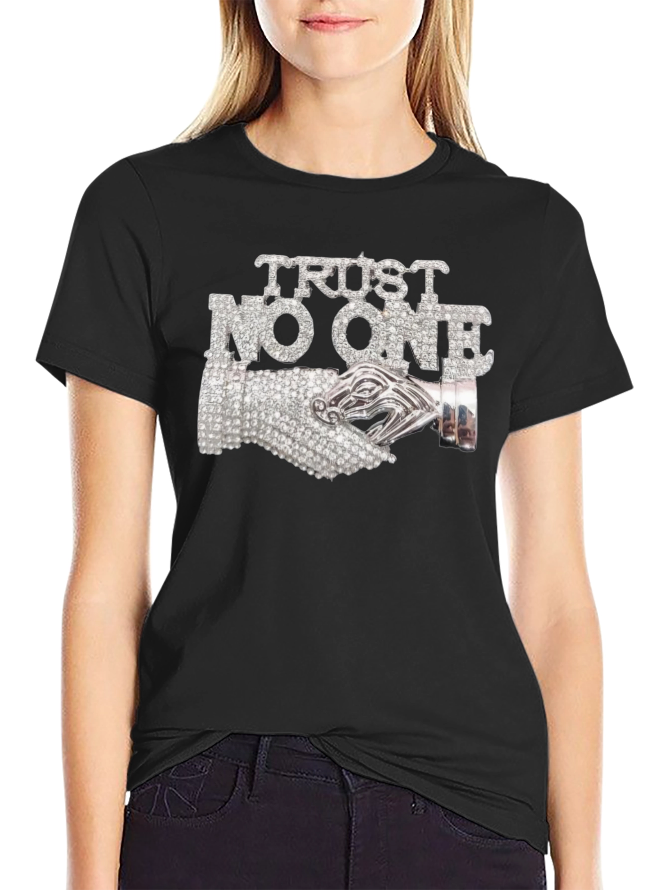 Trust No One Graphic Tee - Rhinestone Detail