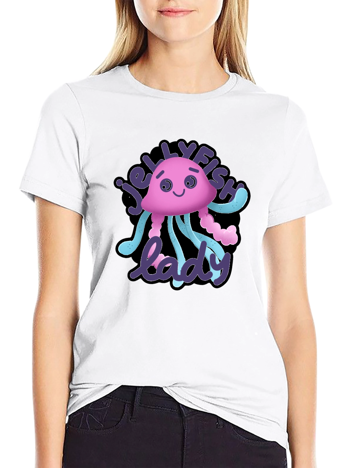 Jellyfish Lady Graphic Tee - Black Cotton T-Shirt