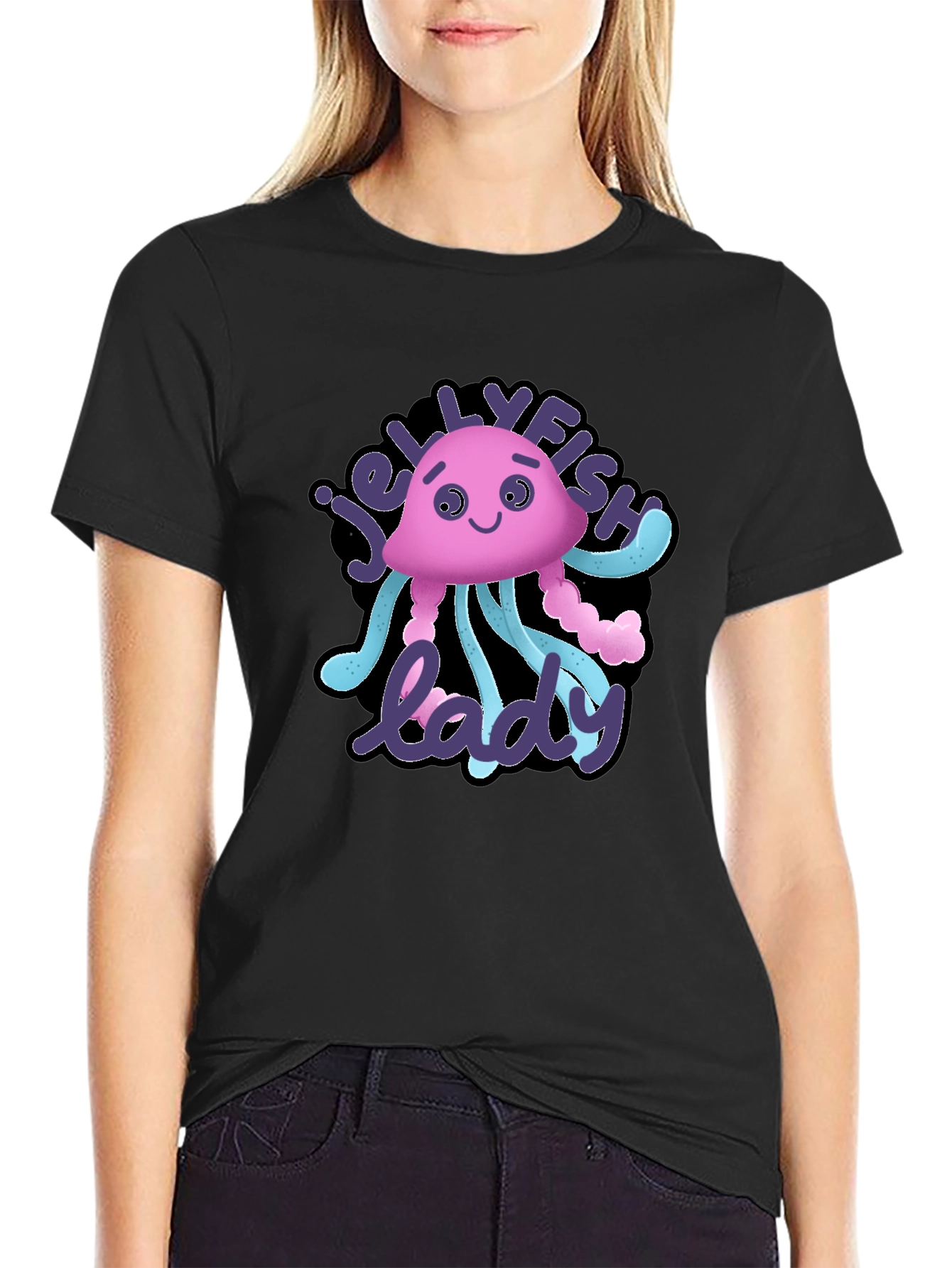 Jellyfish Lady Graphic Tee - Black Cotton T-Shirt