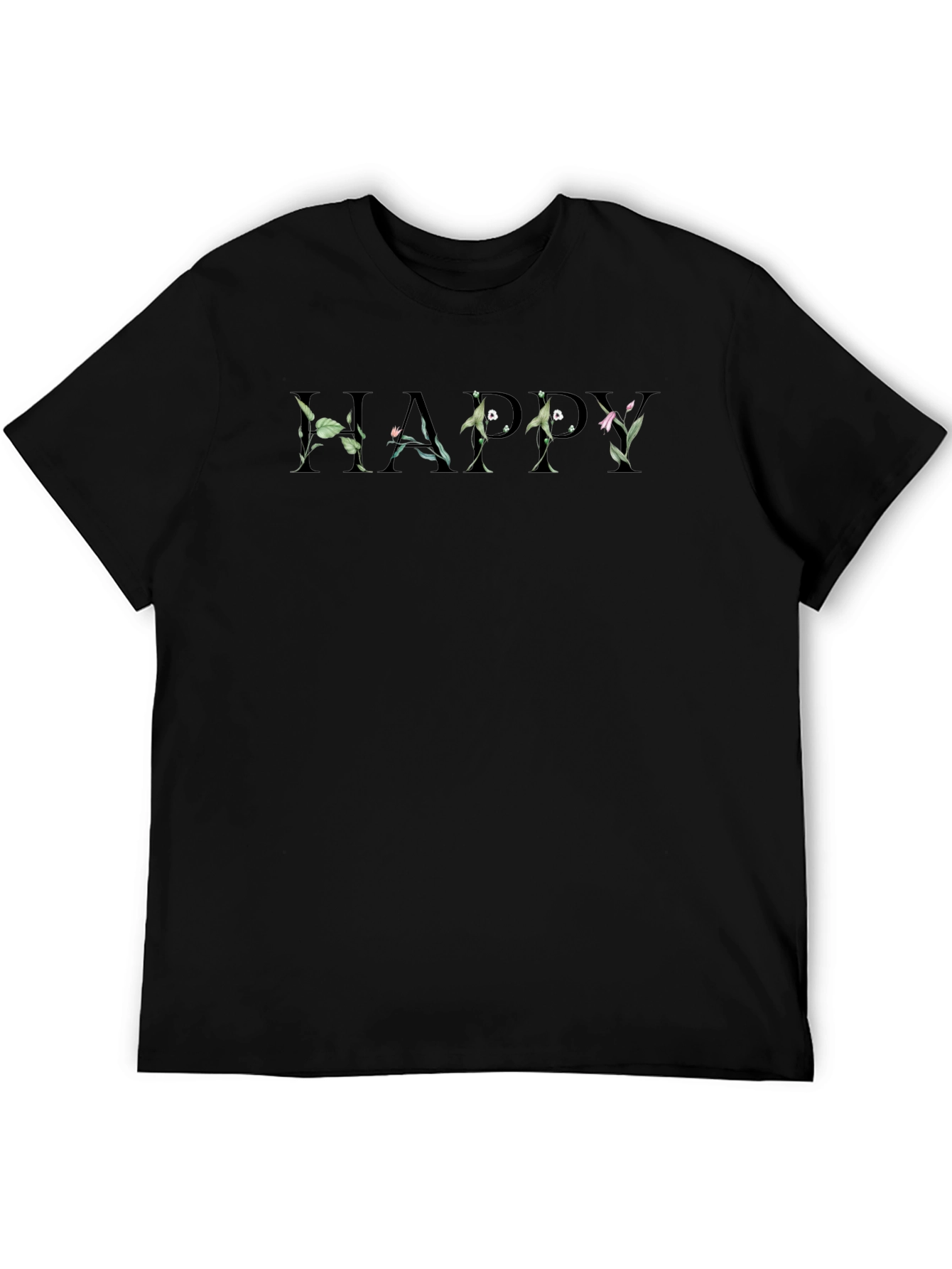 Floral Happy Black Crew Neck T-Shirt