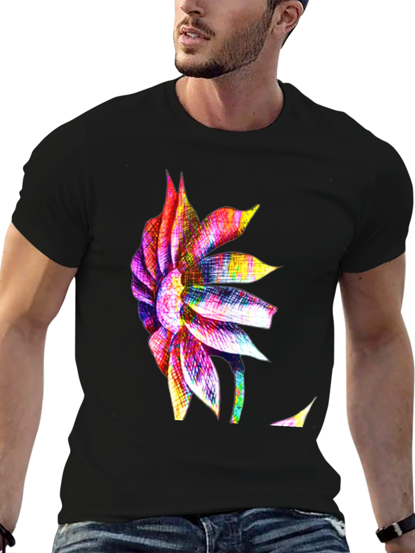Vibrant Floral Print Mens Black T-Shirt