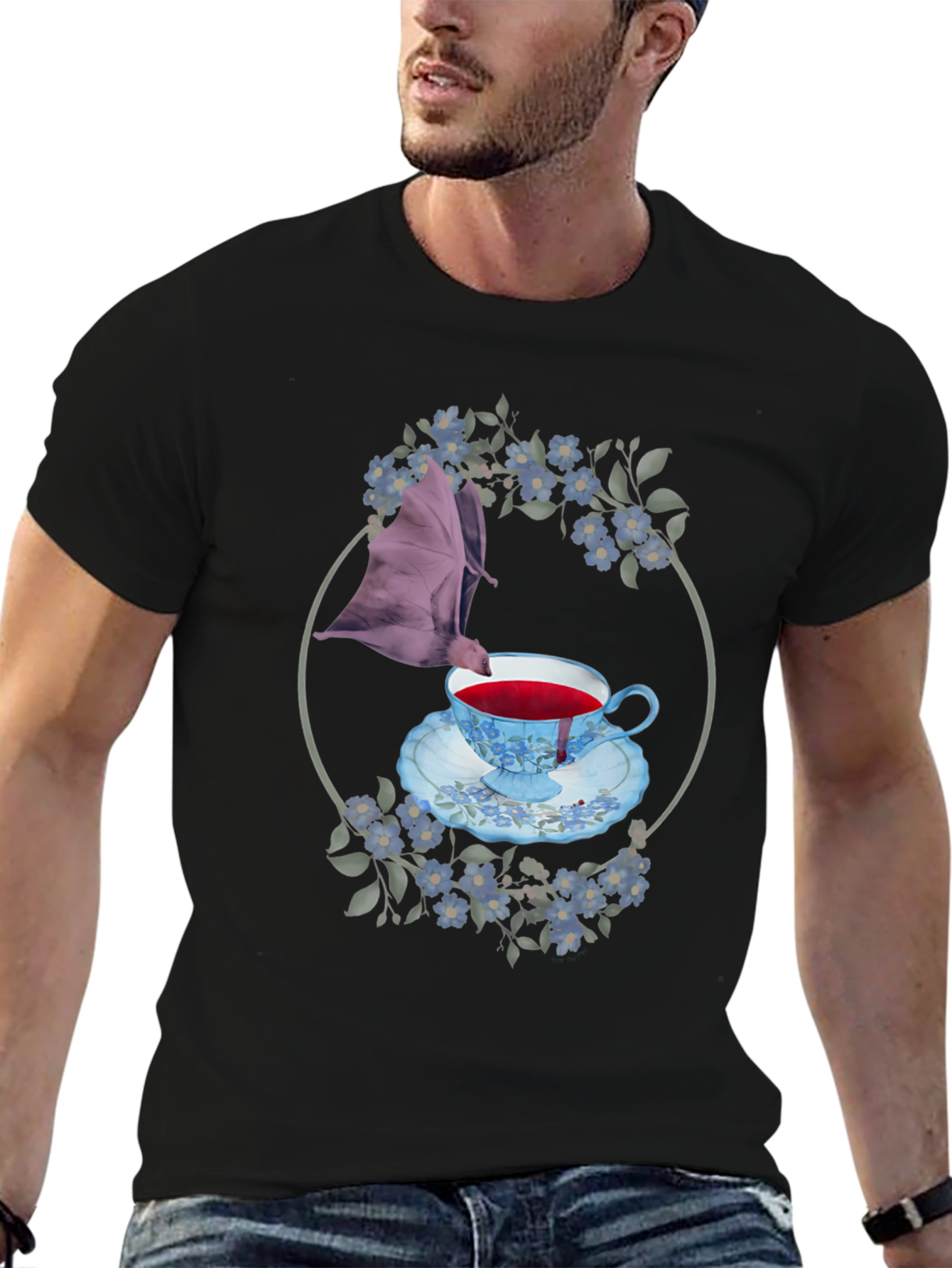 Gothic Bat & Tea Cup Graphic T-Shirt