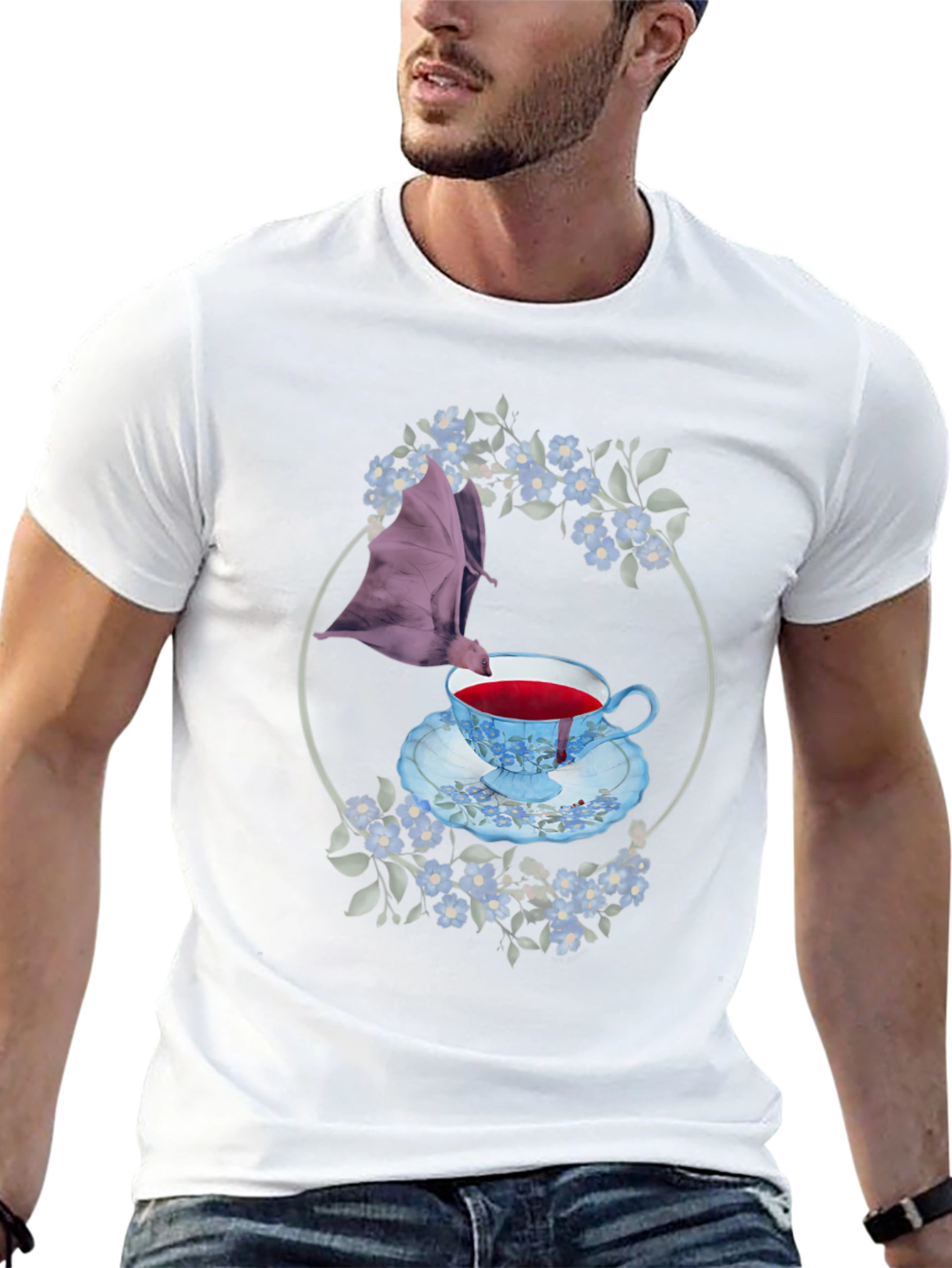 Gothic Bat & Tea Cup Graphic T-Shirt