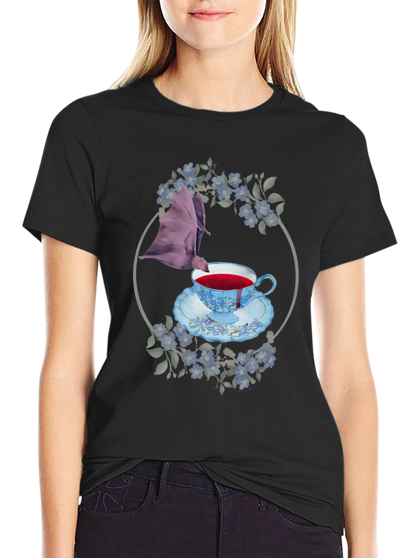 Gothic Bat & Tea Cup Graphic T-Shirt