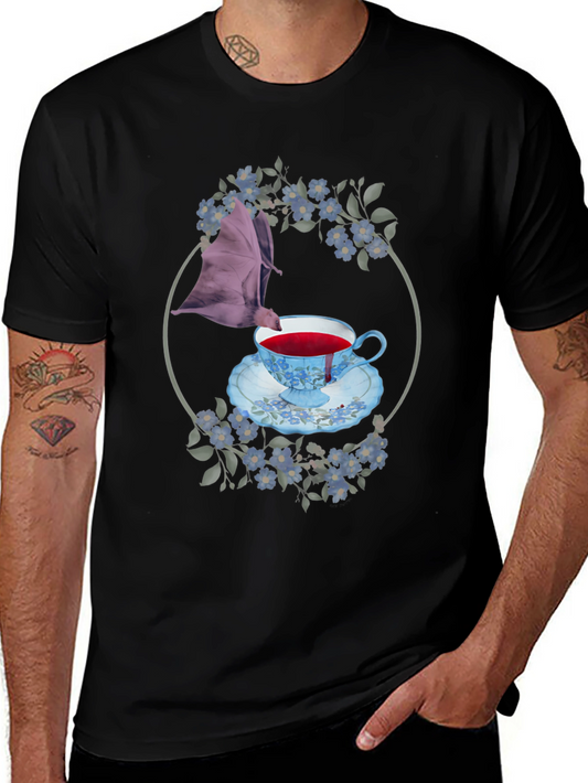 Gothic Bat & Tea Cup Graphic T-Shirt