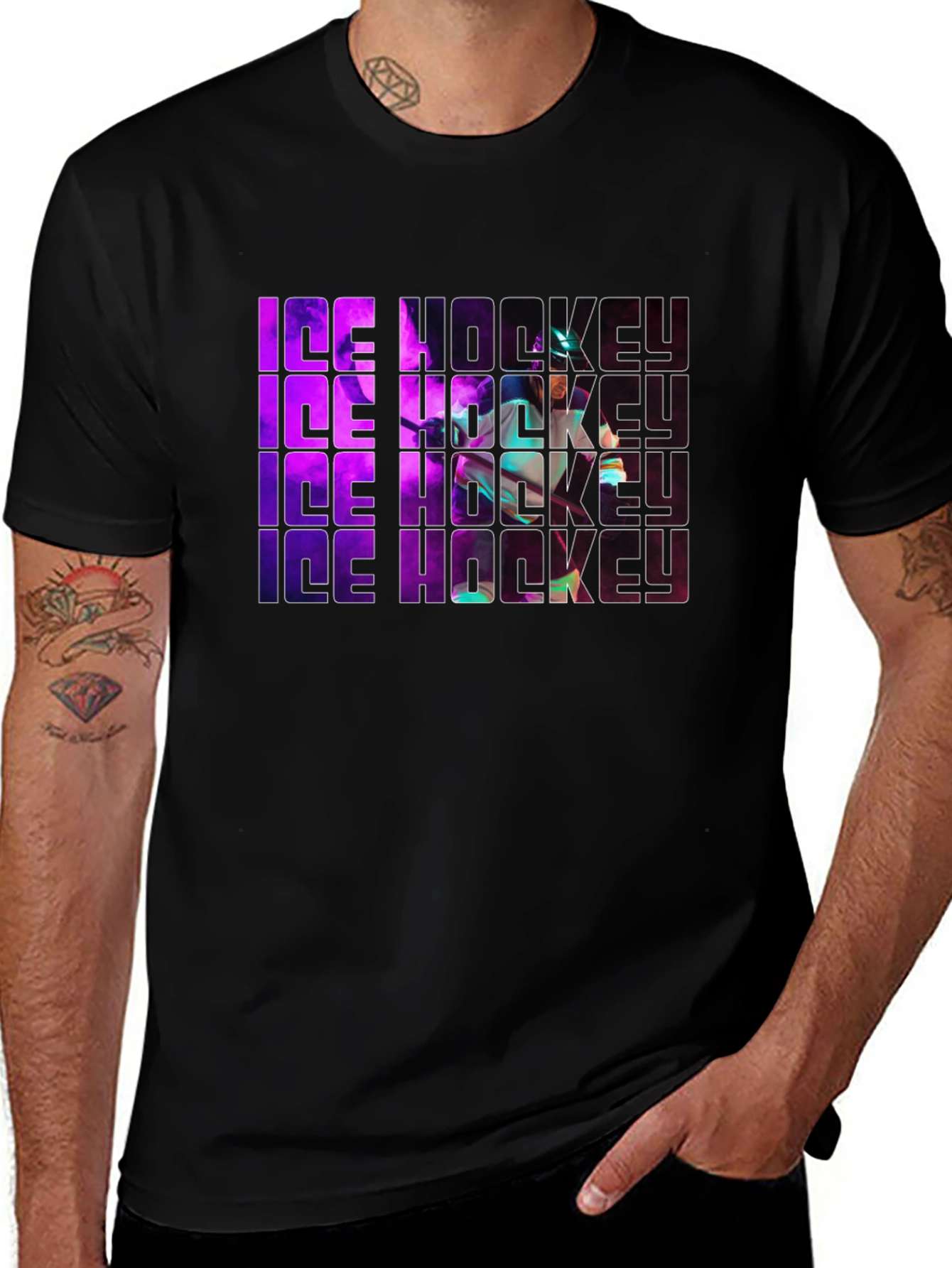 Ice Hockey Graphic Print Black T-Shirt