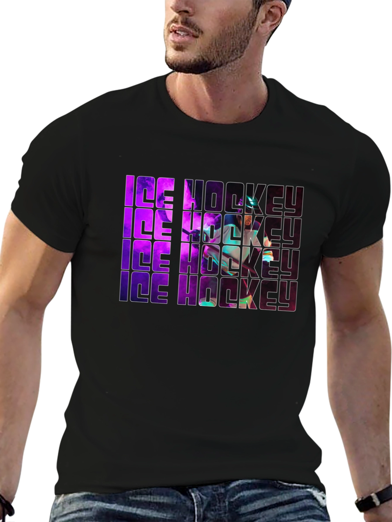 Ice Hockey Graphic Print Black T-Shirt