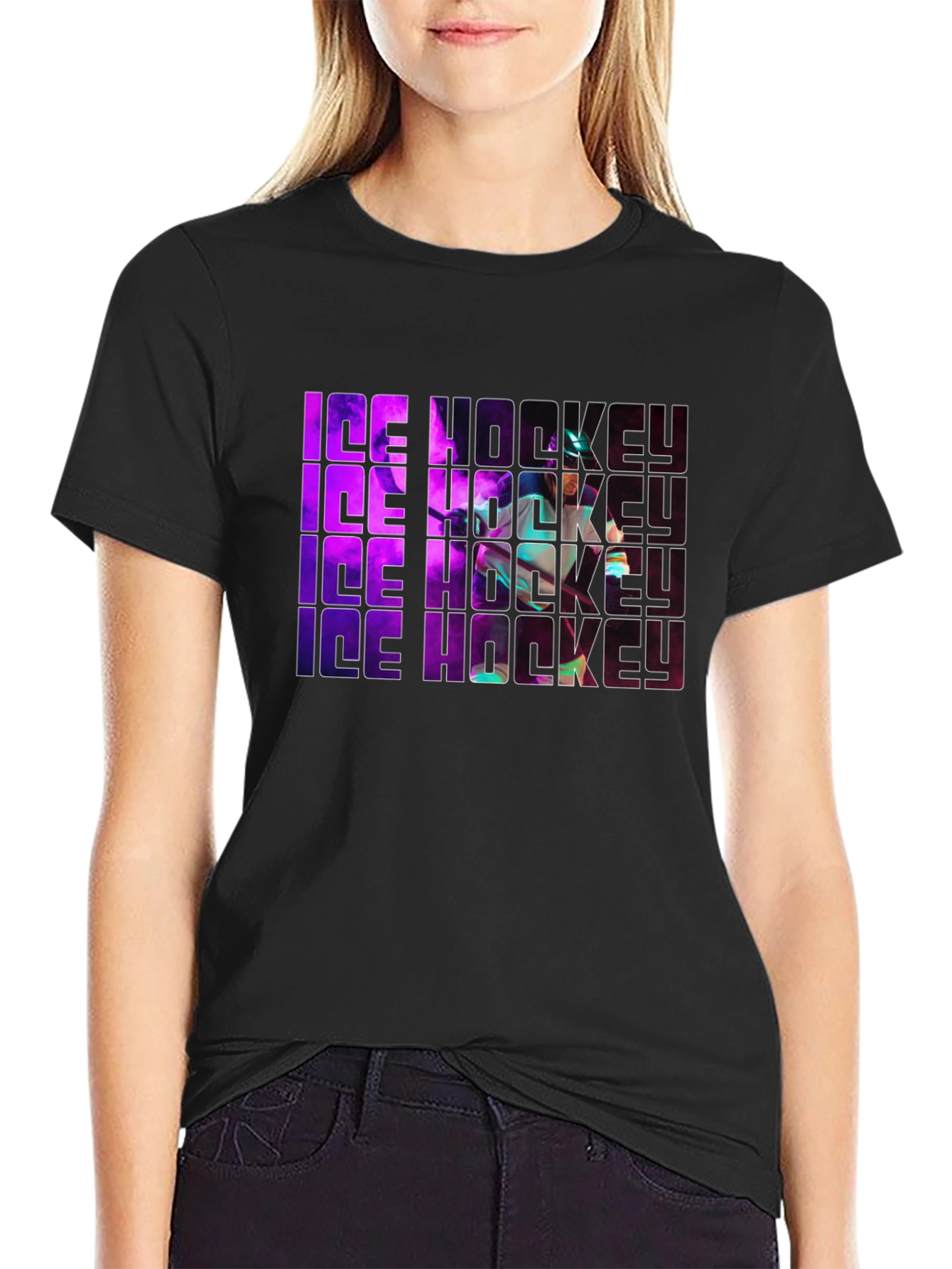Ice Hockey Graphic Print Black T-Shirt