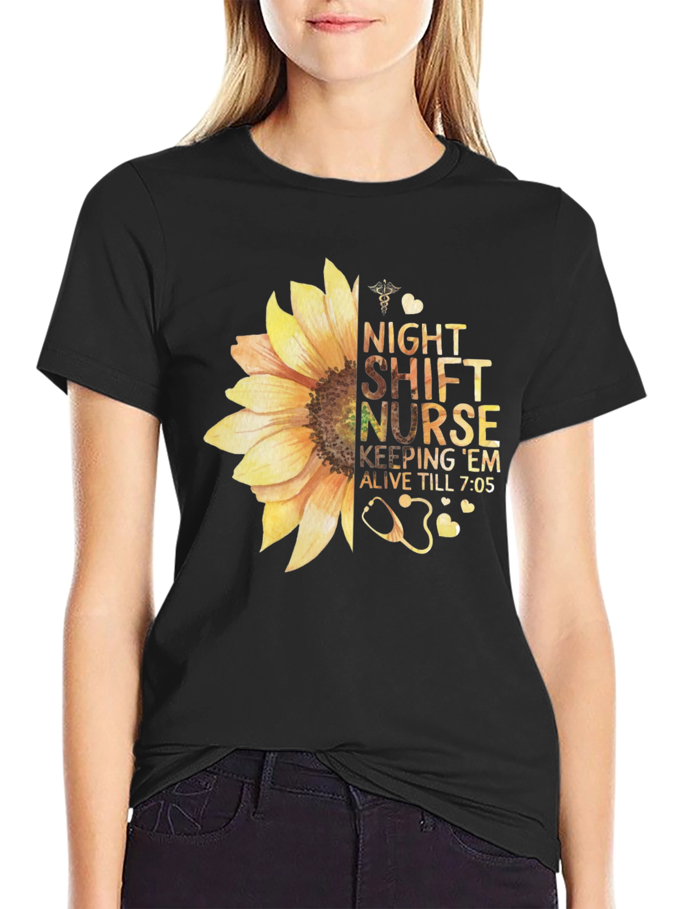 Night Shift Nurse Sunflower Graphic T-Shirt