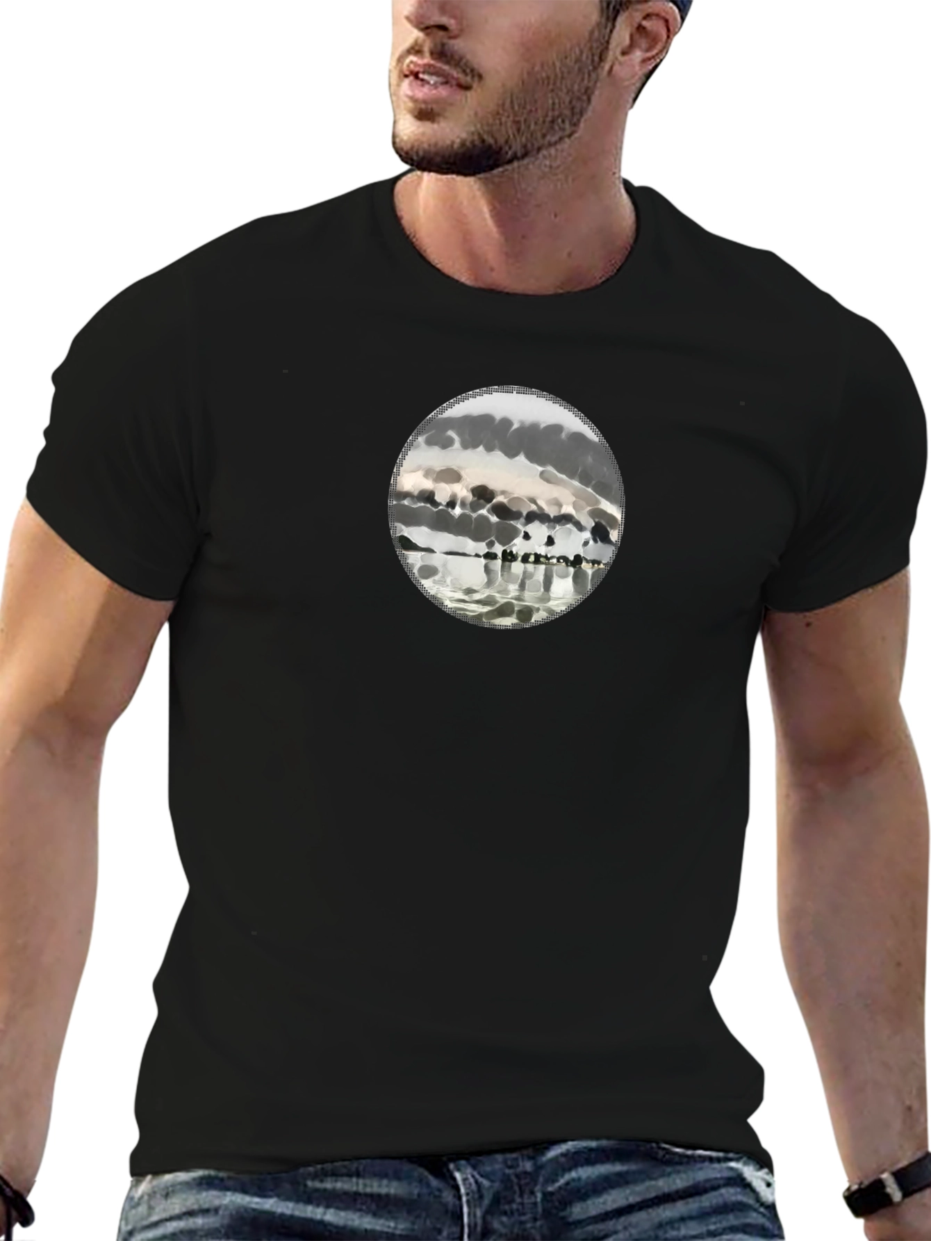 Mens Black Graphic Tee - Abstract Lake Scene