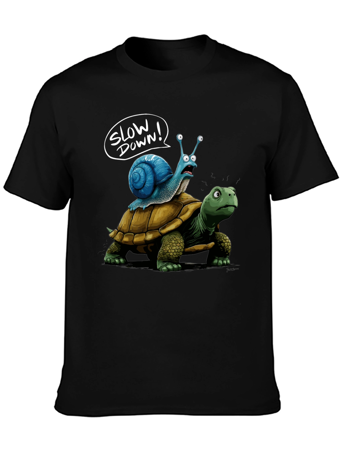 Slow Down Snail Riding Turtle Funny Black T-Shirt