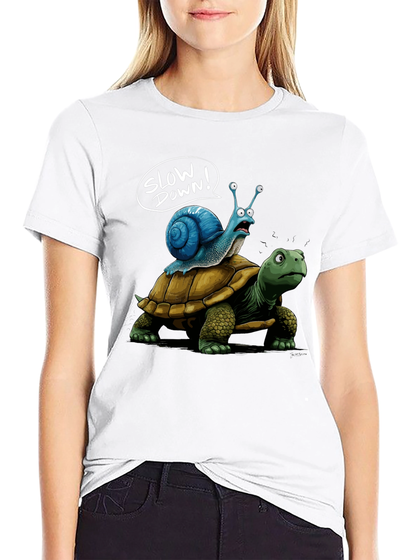 Slow Down Snail Riding Turtle Funny Black T-Shirt