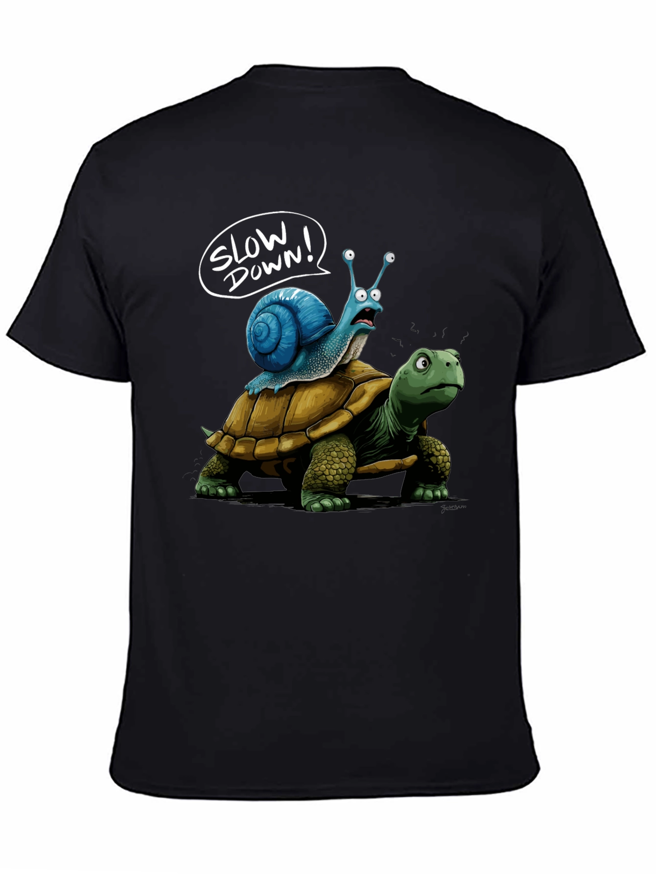 Slow Down Snail Riding Turtle Funny Black T-Shirt