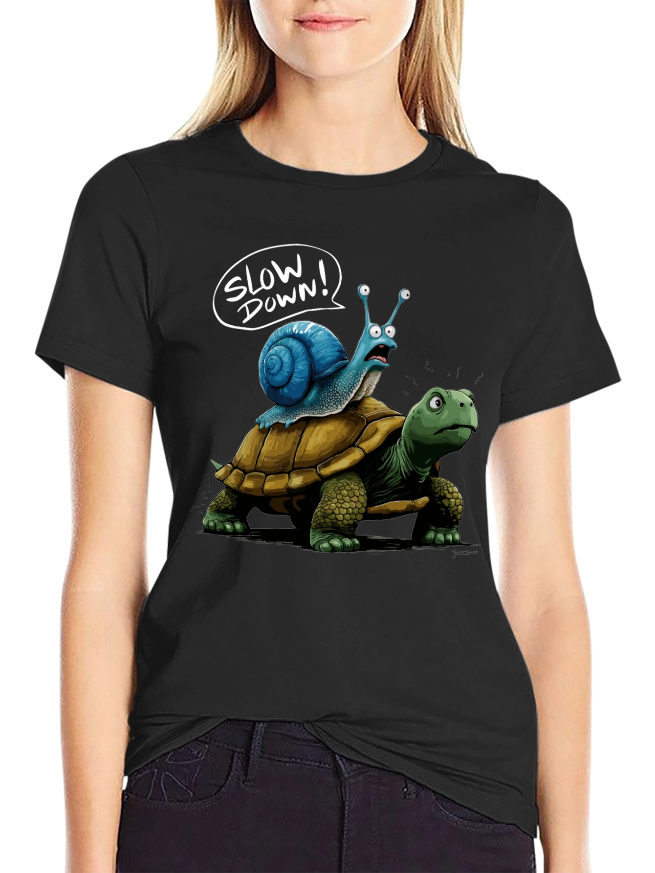 Slow Down Snail Riding Turtle Funny Black T-Shirt