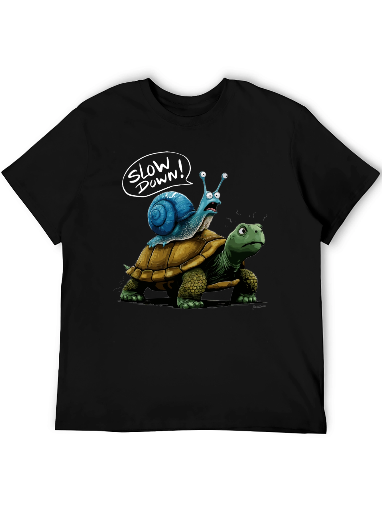 Slow Down Snail Riding Turtle Funny Black T-Shirt