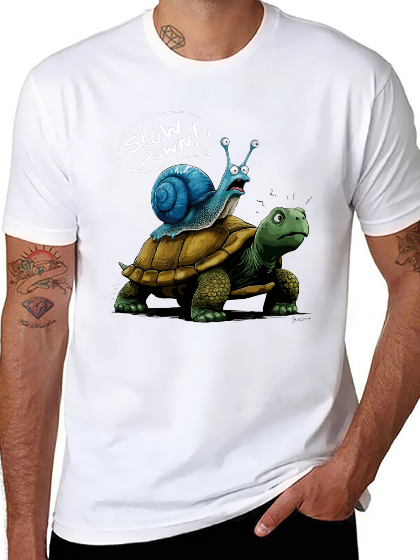 Slow Down Snail Riding Turtle Funny Black T-Shirt