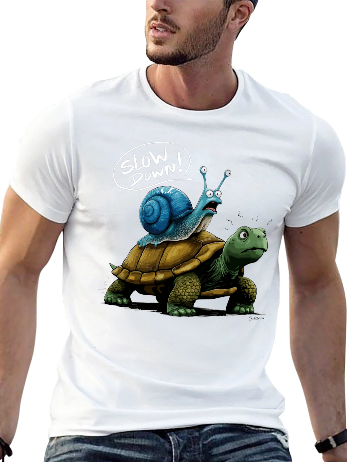 Slow Down Snail Riding Turtle Funny Black T-Shirt