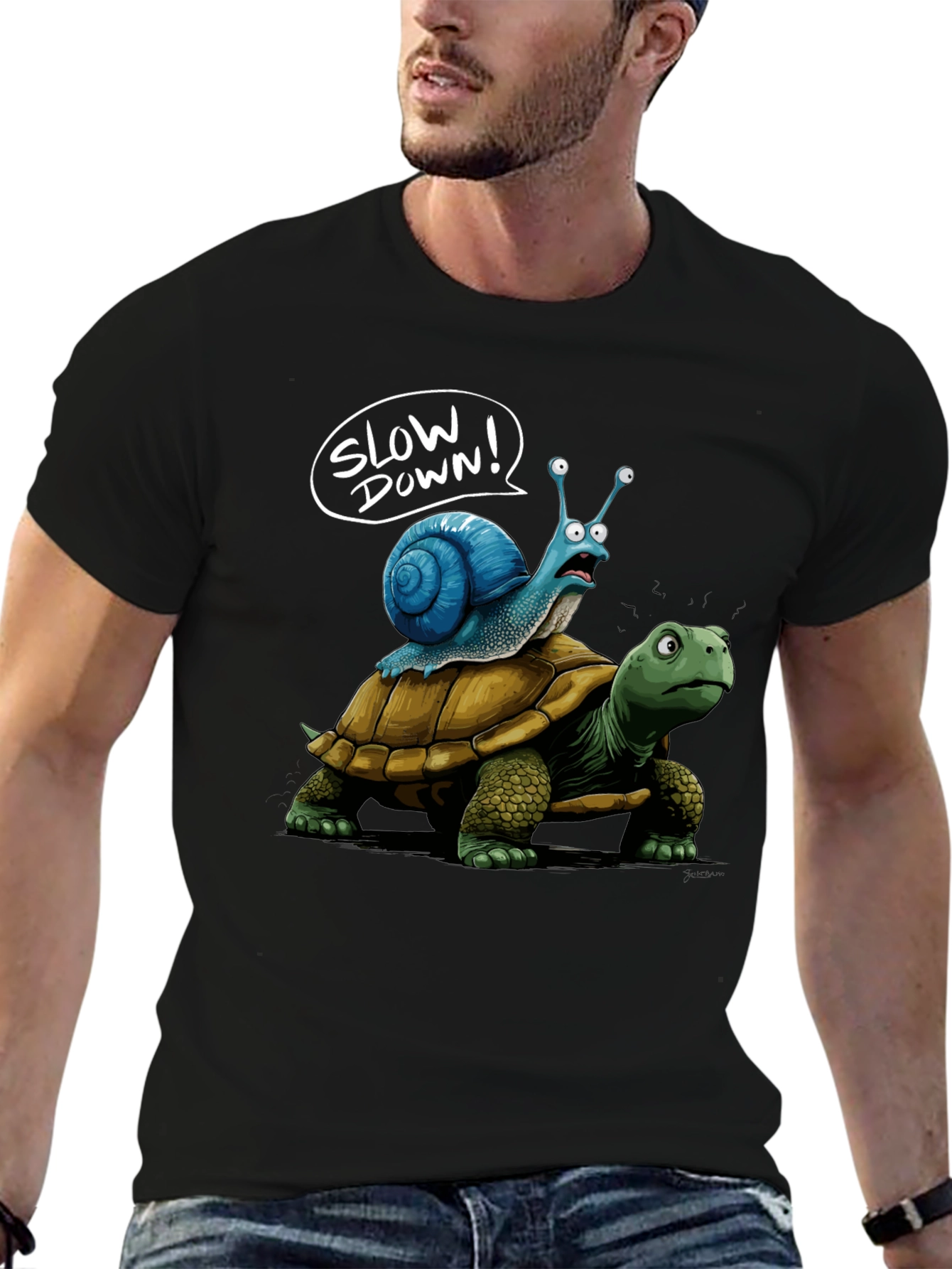 Slow Down Snail Riding Turtle Funny Black T-Shirt