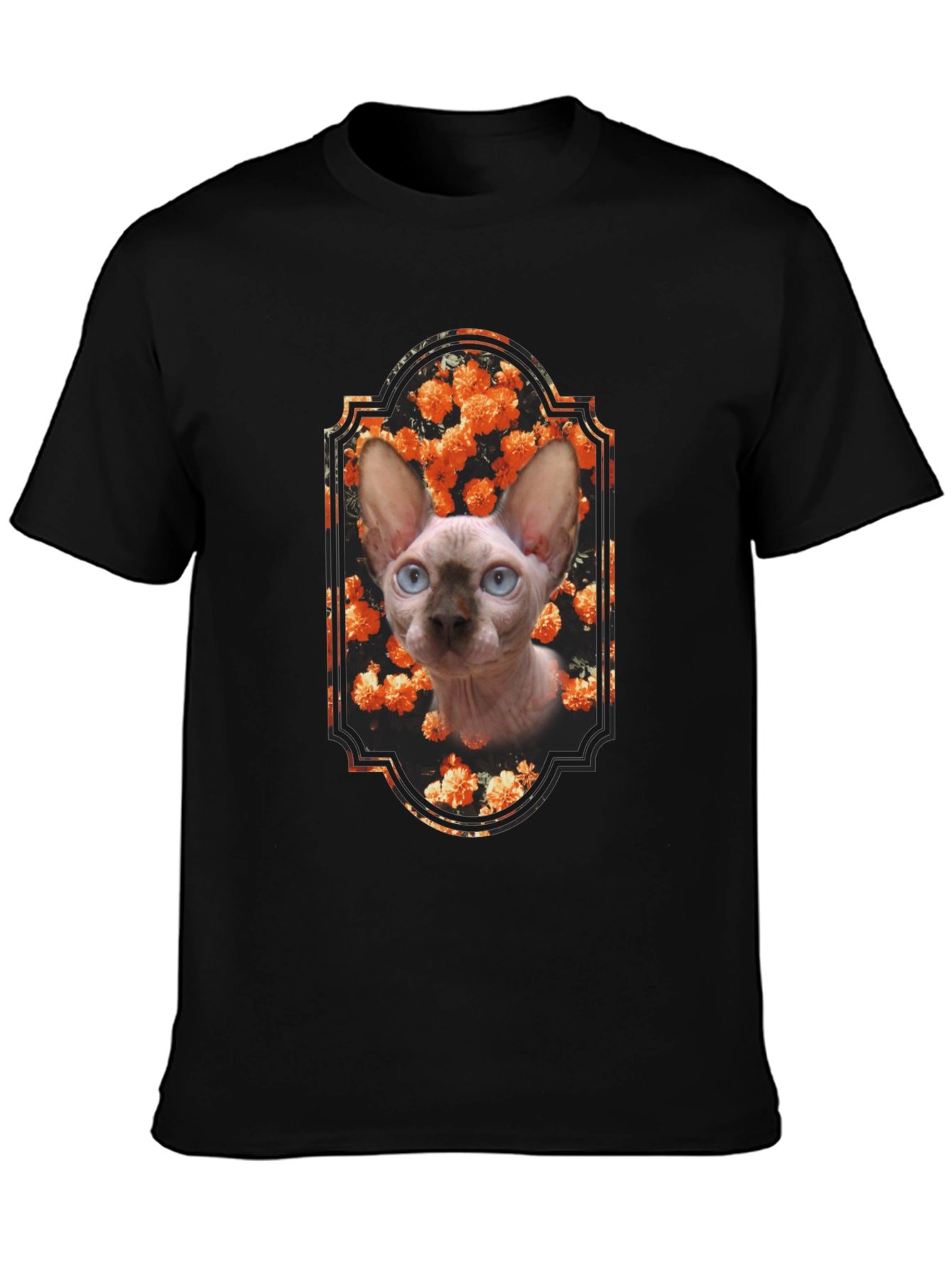 Sphynx Cat Floral Portrait Black T-Shirt