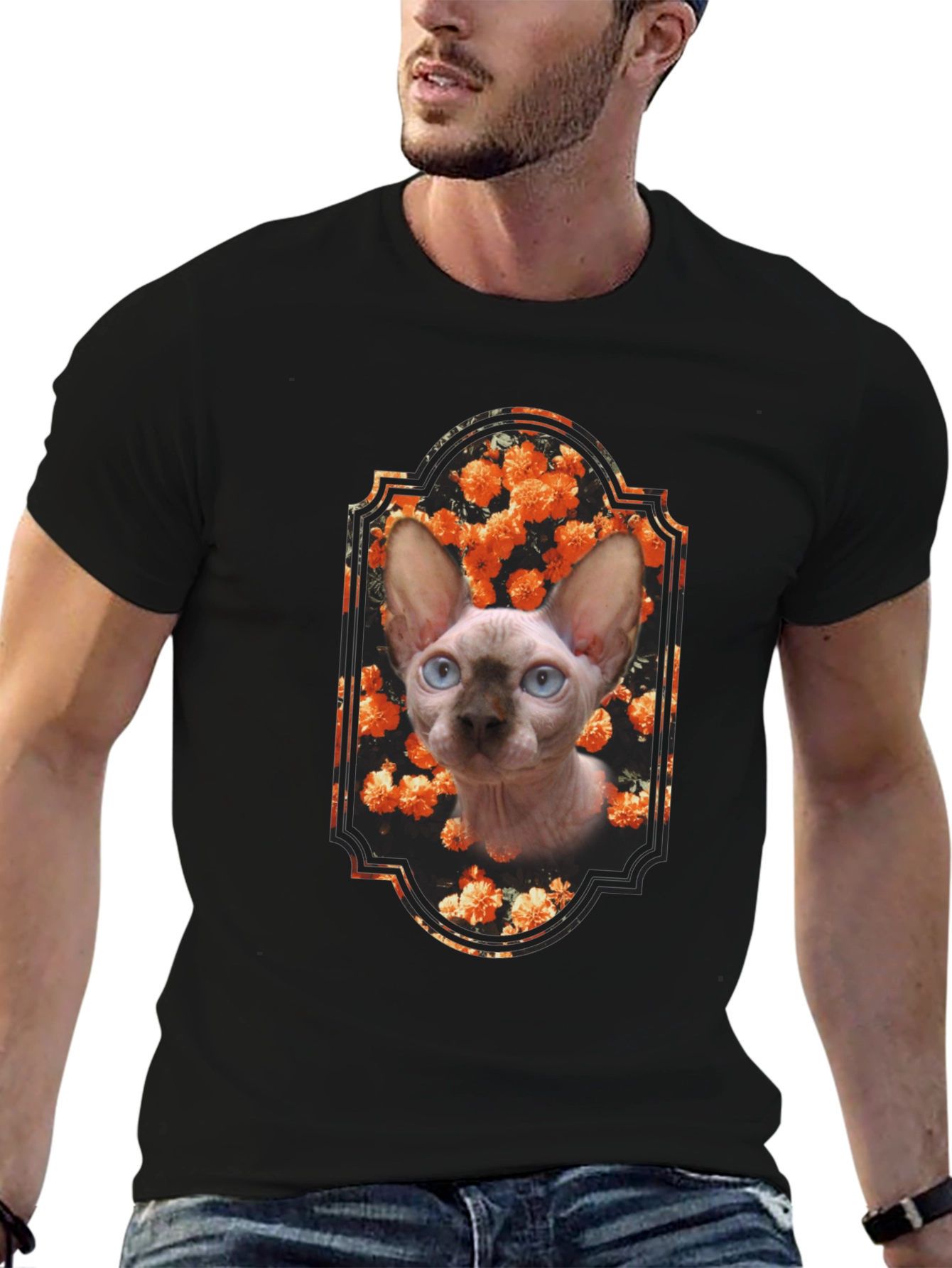 Sphynx Cat Floral Portrait Black T-Shirt
