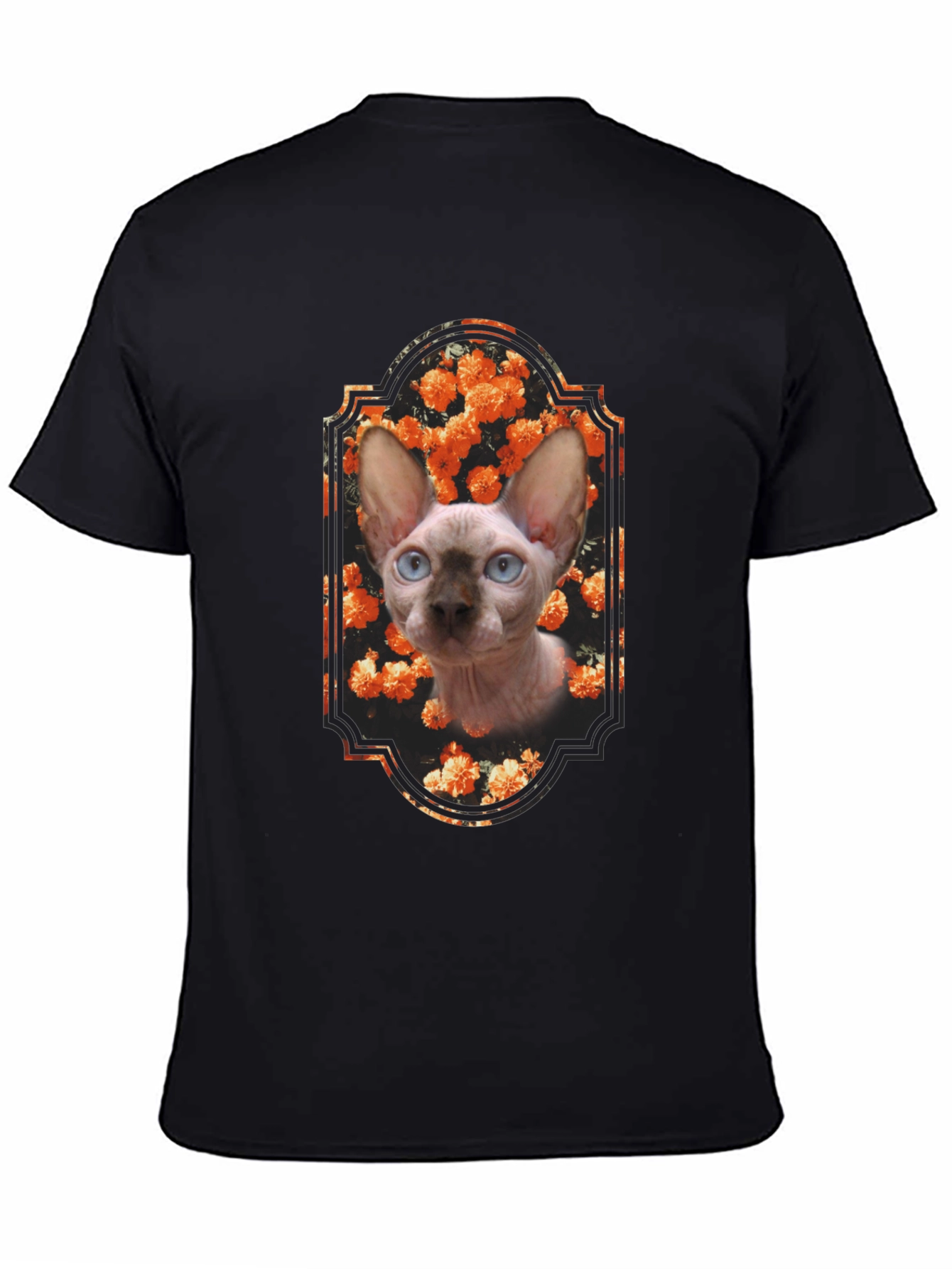 Sphynx Cat Floral Portrait Black T-Shirt