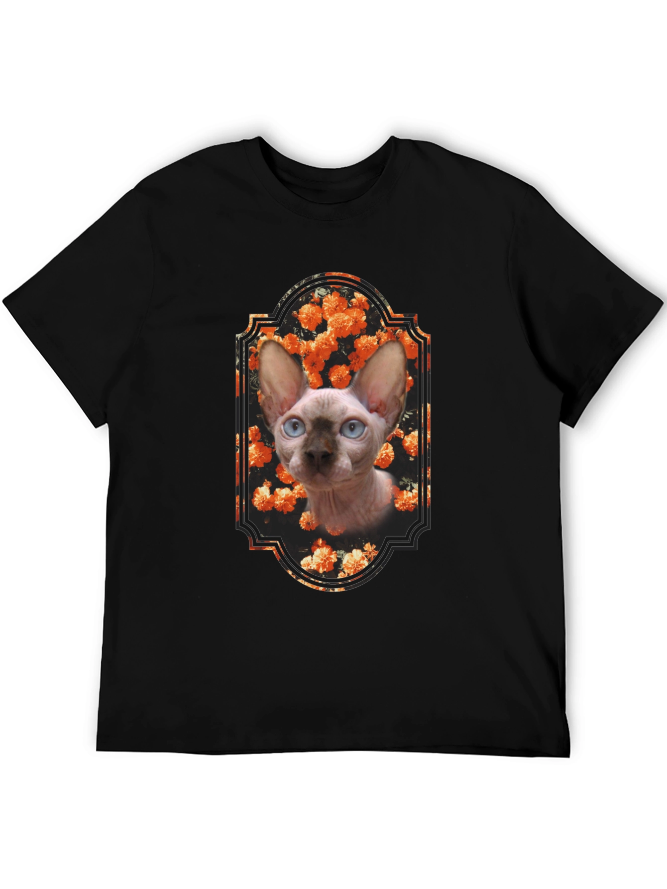 Sphynx Cat Floral Portrait Black T-Shirt