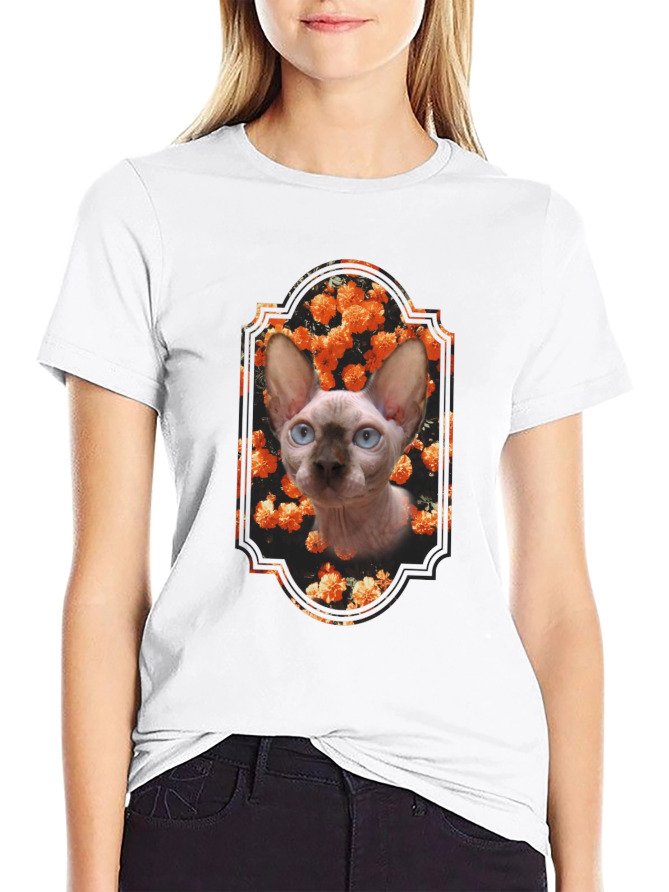 Sphynx Cat Floral Portrait Black T-Shirt