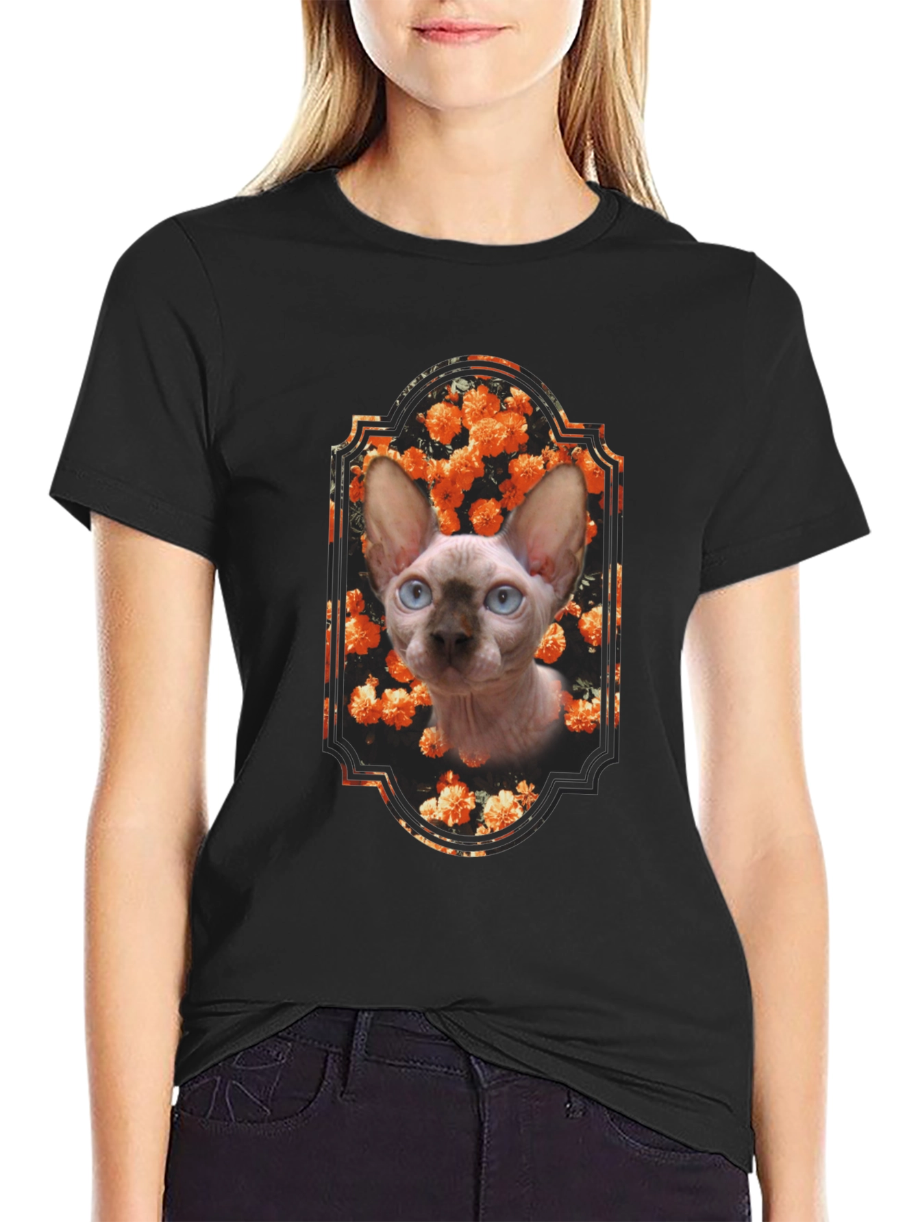 Sphynx Cat Floral Portrait Black T-Shirt