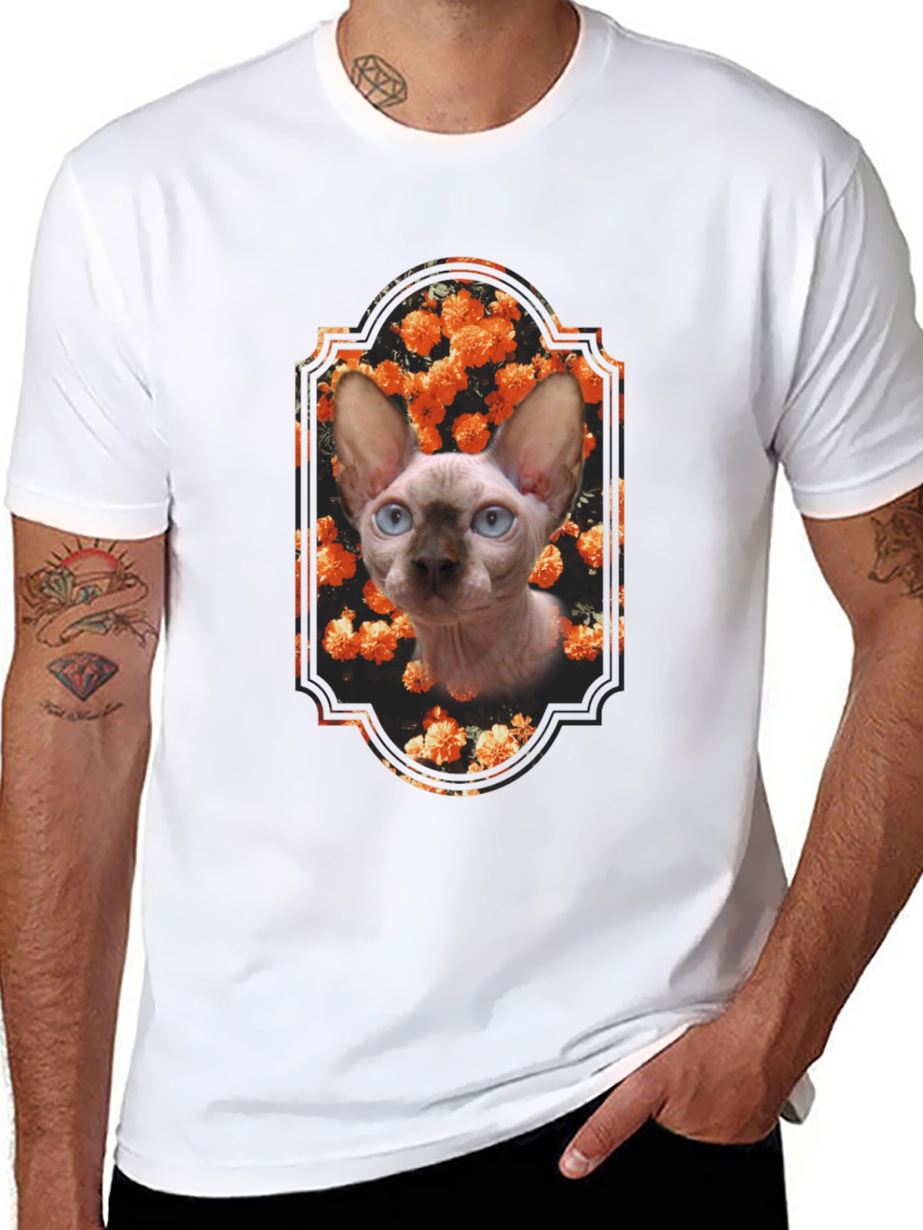 Sphynx Cat Floral Portrait Black T-Shirt