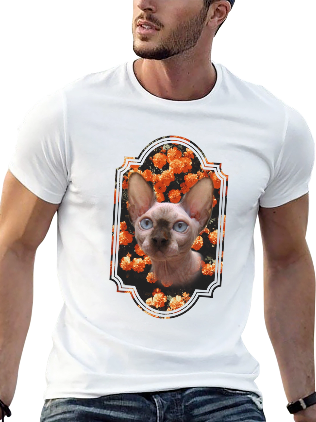 Sphynx Cat Floral Portrait Black T-Shirt
