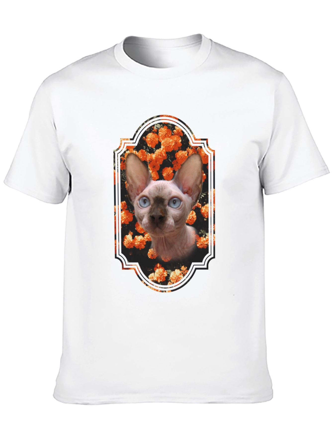 Sphynx Cat Floral Portrait Black T-Shirt