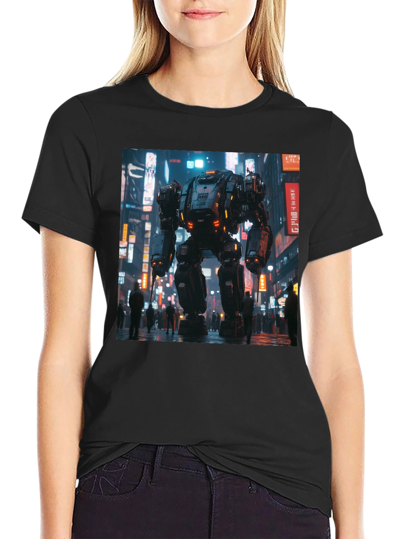 Mech Cityscape Graphic Black T-Shirt
