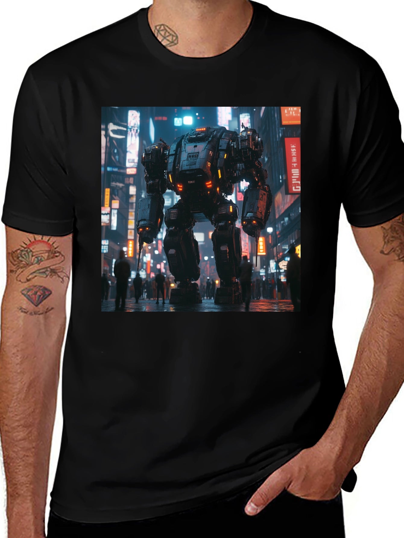 Mech Cityscape Graphic Black T-Shirt